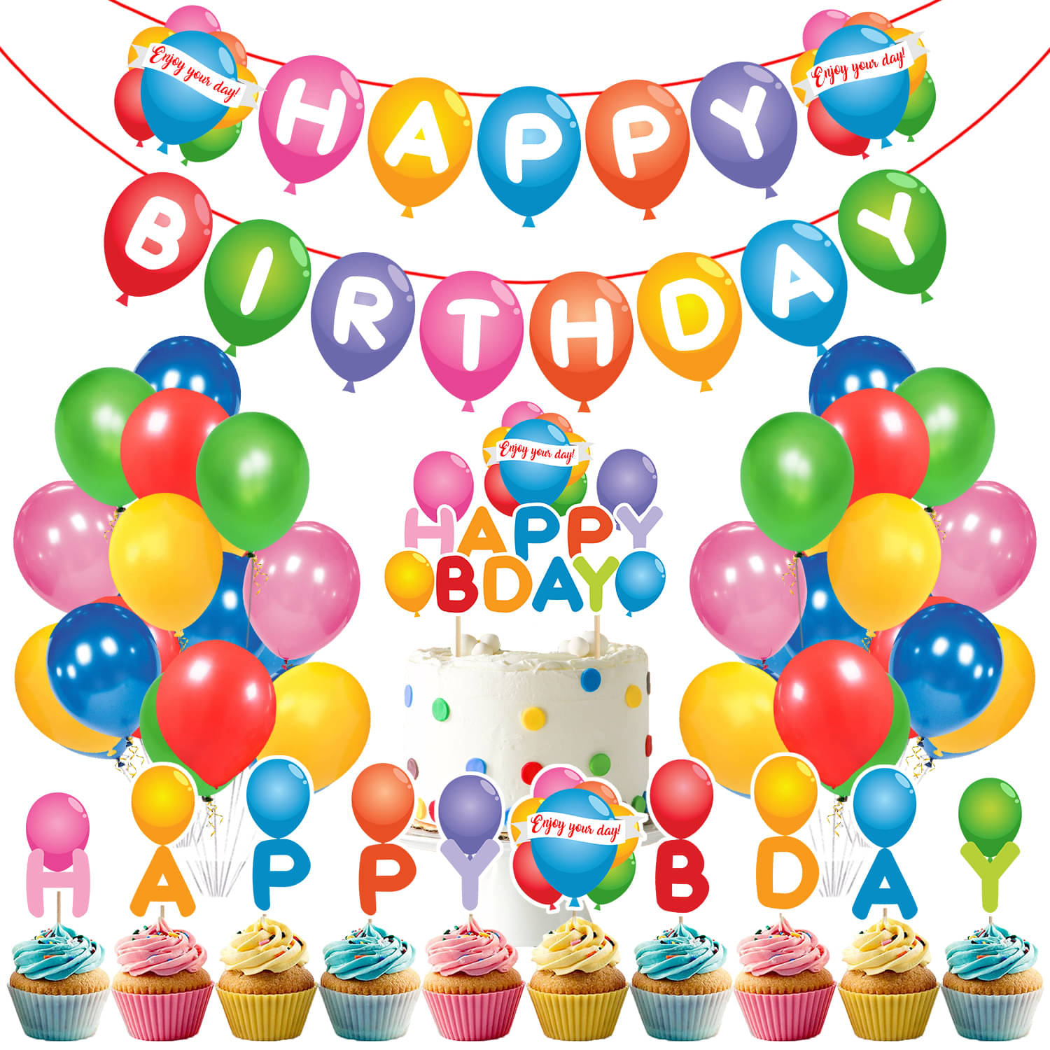     			Zyozi Multi Colour theme Party Supplies, Birthday Party Decorations for Girls or Boy with Happy Birthday Banner Cake Topper Cupcake Toppers Balloons(Pack of 37)