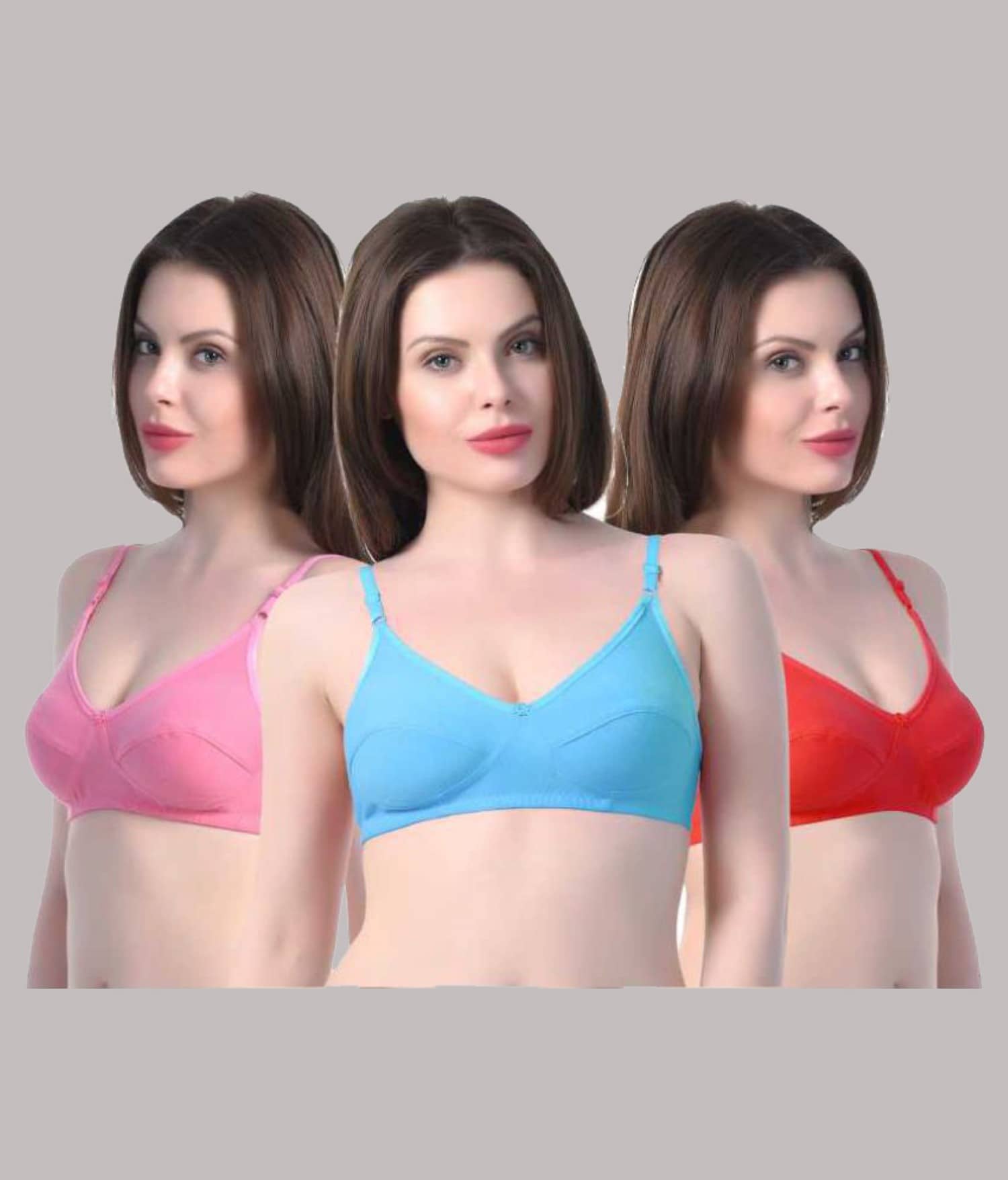Kiran Enterprises Pack of 3 Cotton Blend Non Padded Women's T-Shirt Bra ( Multicolor )