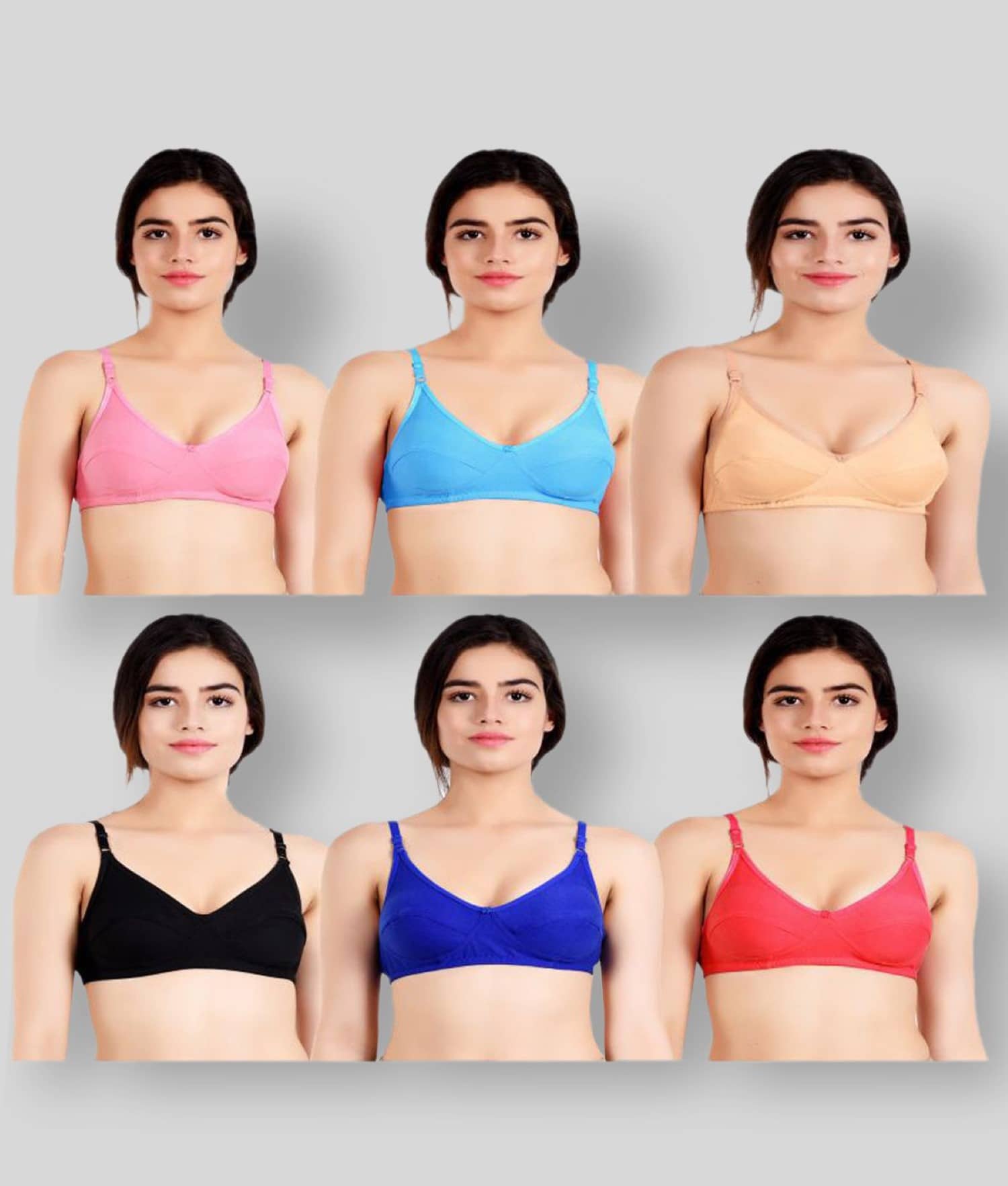 Kiran Enterprises Pack of 6 Cotton Blend Non Padded Women's T-Shirt Bra ( Multicolor )
