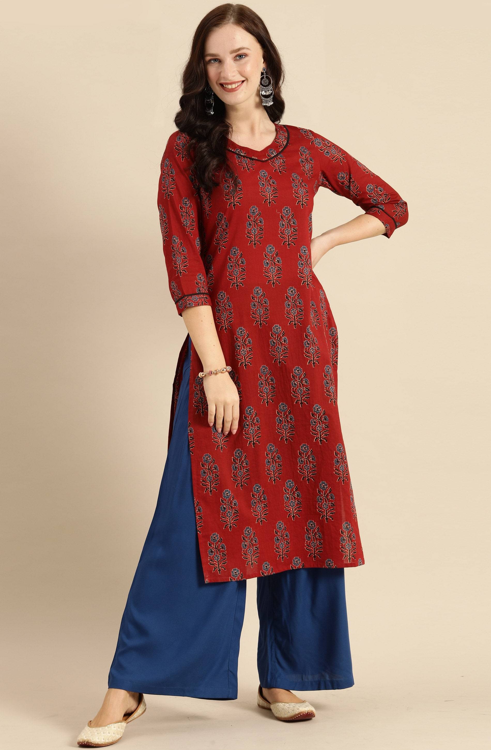 Rajnandini - Maroon 100% Cotton Women's Straight Kurti ( Pack of 1 ) Rajnandini - Maroon 100% Cotton Women's Straight Kurti ( Pack of 1 )