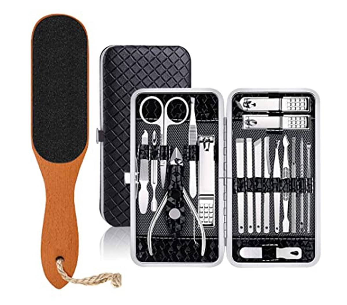 Wooden Pedicure Feet Scrubber with Handle for Callus, Dry, and Dead Skin Removal with 16 tools Manicure Set, Pedicure Kit, Nail Clippers Wooden Pedicure Feet Scrubber with Handle for Callus, Dry, and Dead Skin Removal with 16 tools Manicure Set, Pedicure Kit, Nail Clippers