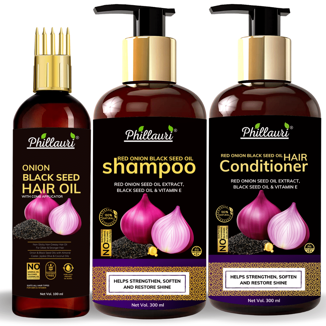 Phillauri Red Onion Black Seed Oil Ultimate Hair Care Kit for Hair Fall Control(Shampoo (300 ML) + Hair Conditioner (300 ML) + Hair Oil (100 ML)) Phillauri Red Onion Black Seed Oil Ultimate Hair Care Kit for Hair Fall Control(Shampoo (300 ML) + Hair Conditioner (300 ML) + Hair Oil (100 ML))