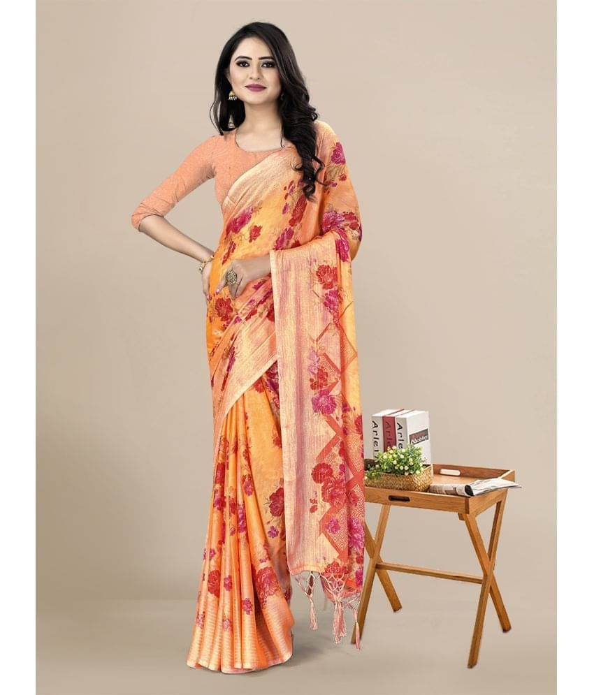 Rekha Maniyar Chiffon Printed Saree With Unstitched Blouse Piece ( Orange ) Rekha Maniyar Chiffon Printed Saree With Unstitched Blouse Piece ( Orange )