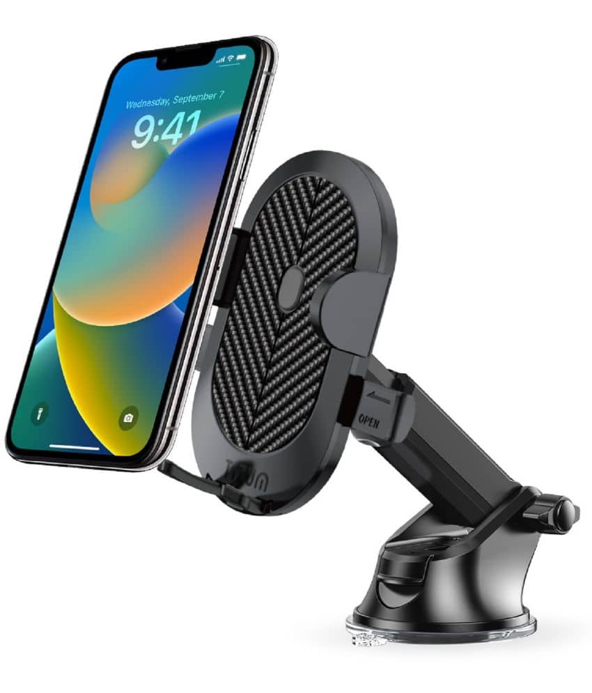 Tizum Universal Car Mobile Holder Stand| Strong Suction Cup, Double Shift Locking for Dashboard Windshield| Quick Release, Long Telescopic Arm, 360° Rotatable Head| All Mobile Phone, Black