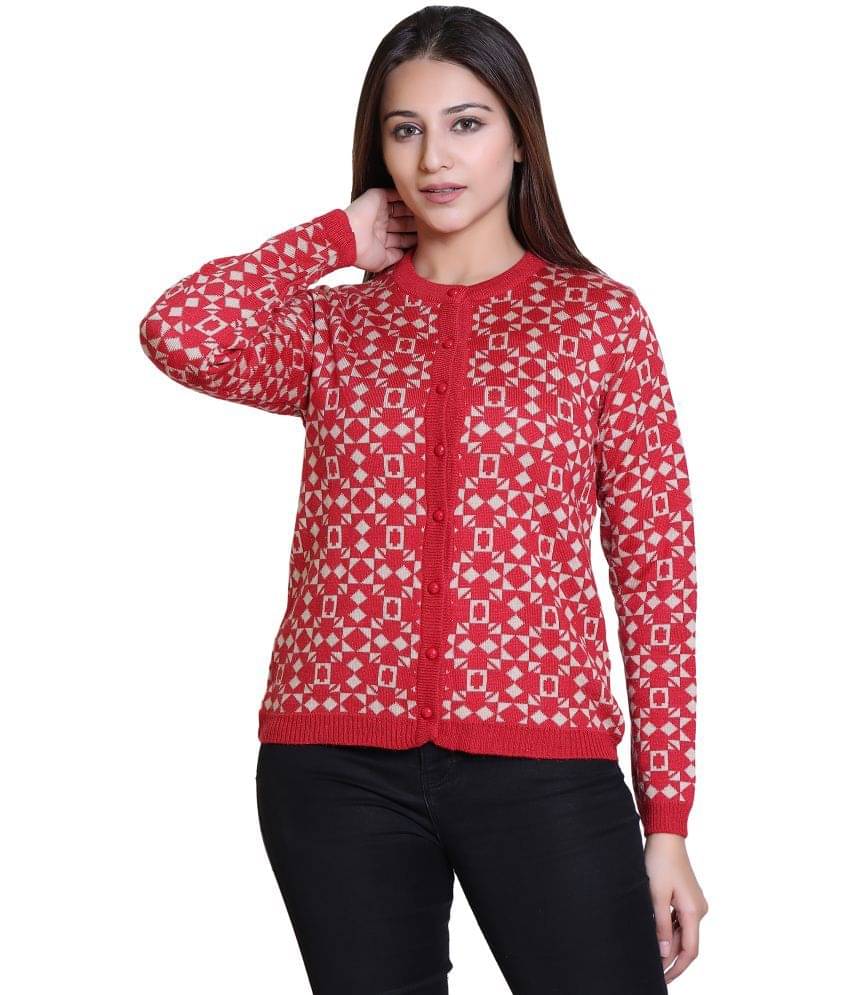 Varenyam Women Acrylic Round Neck Cardigan ( Red ) Varenyam Women Acrylic Round Neck Cardigan ( Red )