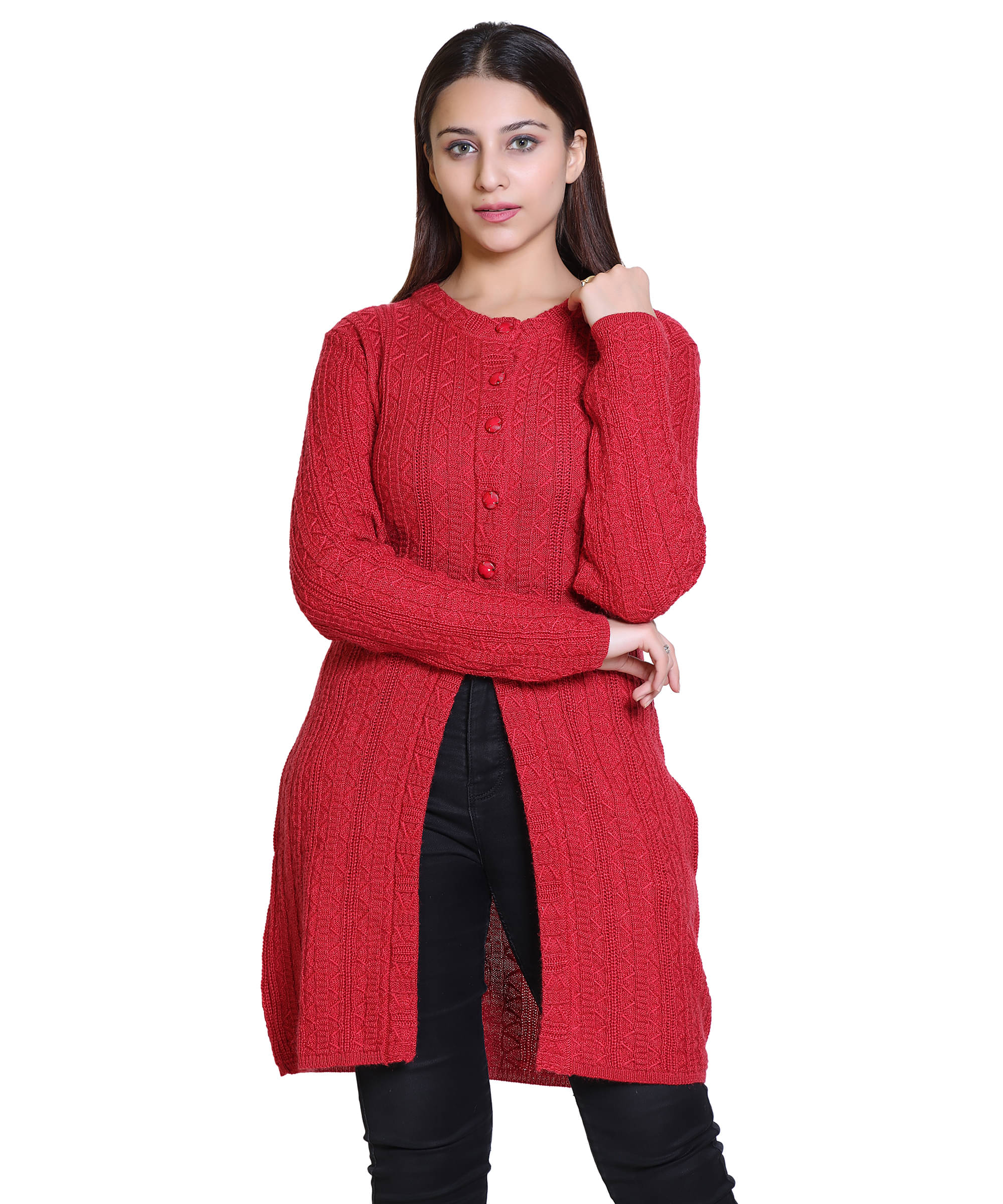     			Varenyam Acrylic Red Buttoned Cardigans -