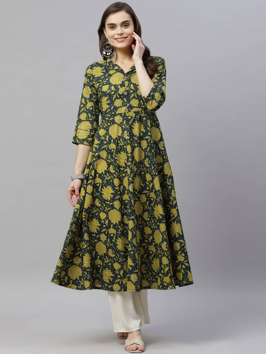 miravan - Green Cotton Women's Flared Kurti ( Pack of 1 ) - Kurtis, Tunics | Buy online on ZillyBuy