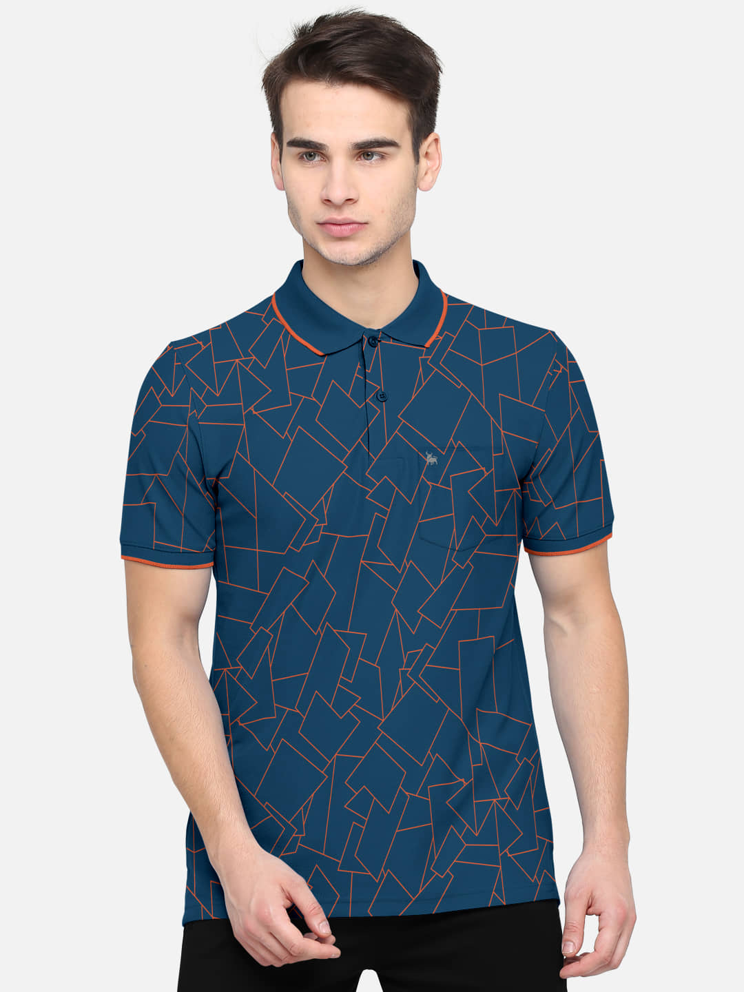 BULLMER Pack of 1 Cotton Blend Regular Fit Printed Half Sleeves Men's Polo T Shirt ( Blue )