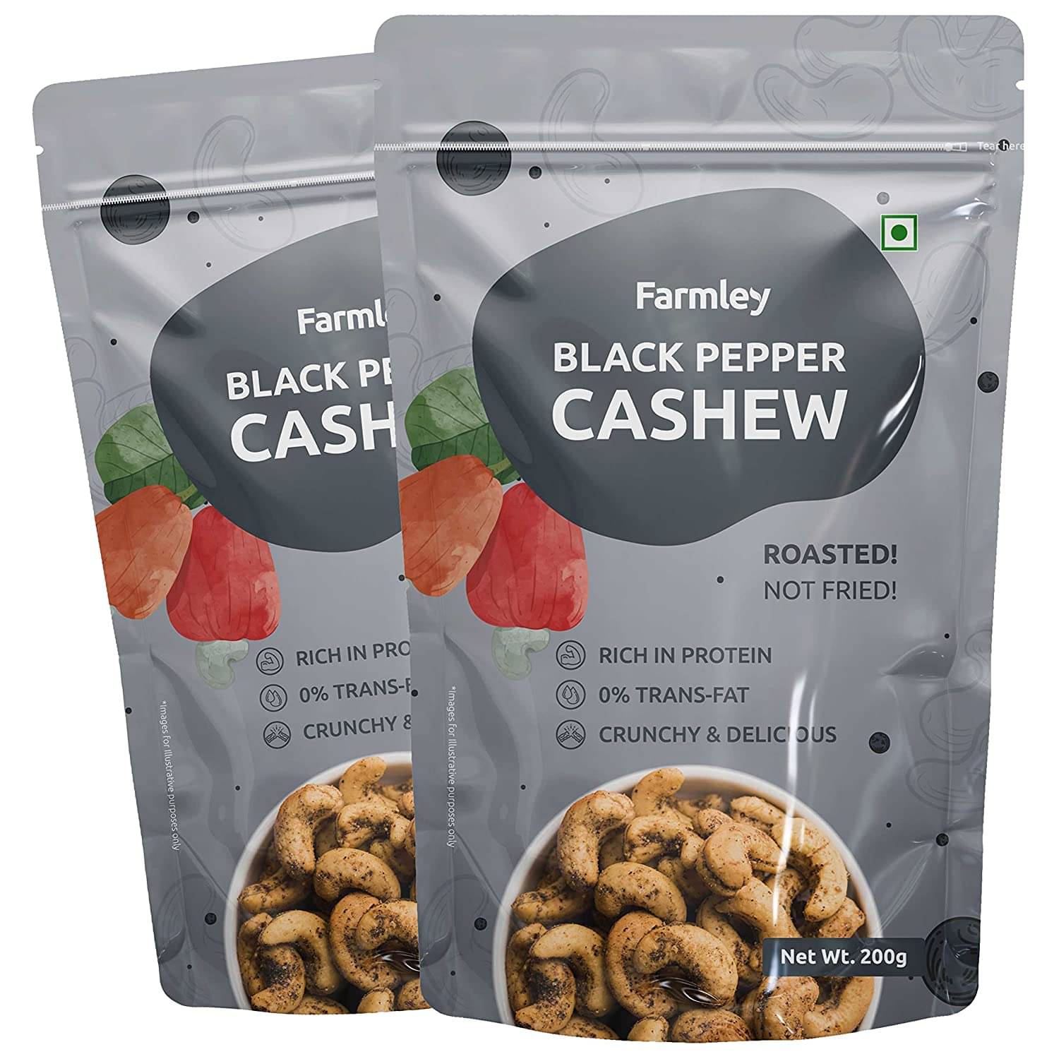     			Farmley Premium Black Pepper Flavoured Roasted Dry Nut Cashew Snacks Pack of 2, each 200 gm | Rich in Protein | Crunchy & Delicious