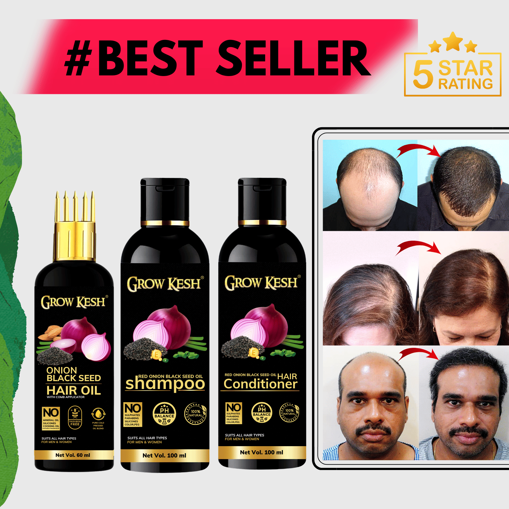 Growkesh Onion Hair Oil for Hair Regrowth and Hair Fall Control with Blackseed with Comb Applicator + Red Onion Shampoo and Conditioner for Anti-dundruff (Onion Hair oil,60ml + Onion Shampoo,100ml+Onion Conditioner,100ml)