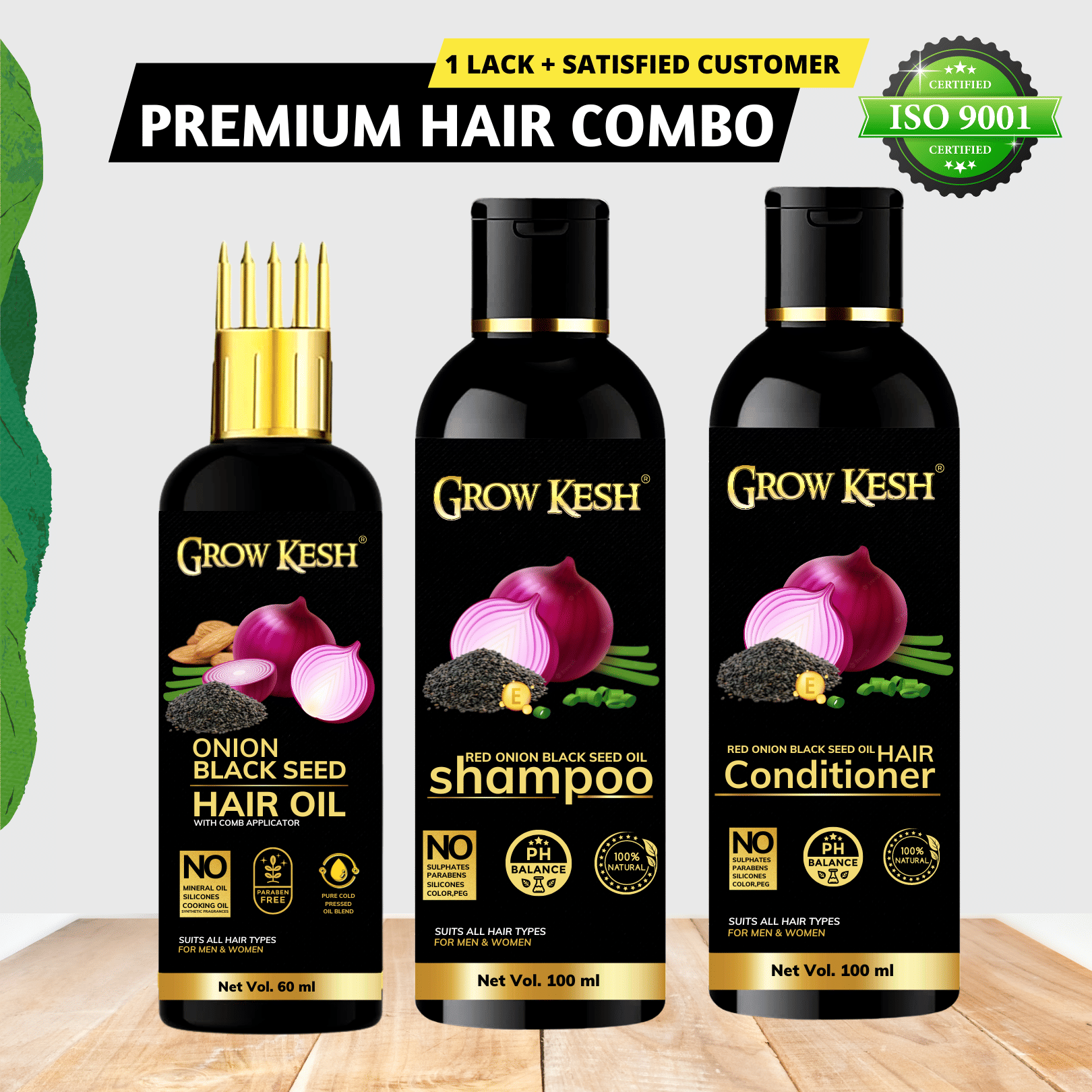 Growkesh Onion Hair Oil for Hair Regrowth and Hair Fall Control with Blackseed with Comb Applicator + Red Onion Shampoo and Conditioner for Anti-dundruff (Onion Hair oil,60ml + Onion Shampoo,100ml+Onion Conditioner,100ml)