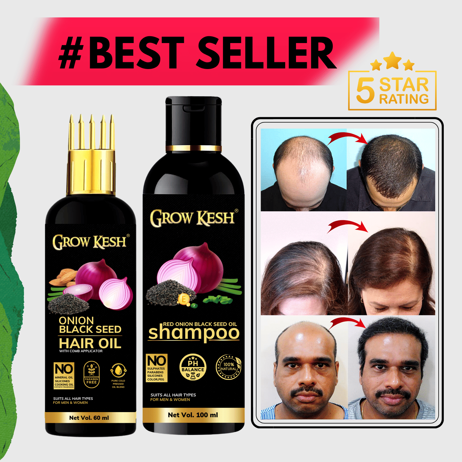     			Growkesh Onion Hair Oil for Hair Regrowth and Hair Fall Control with Blackseed with Comb Applicator and Red Onion Shampoo for Anti-dundruff (Onion Hair oil,60ml + Onion Shampoo,100ml)