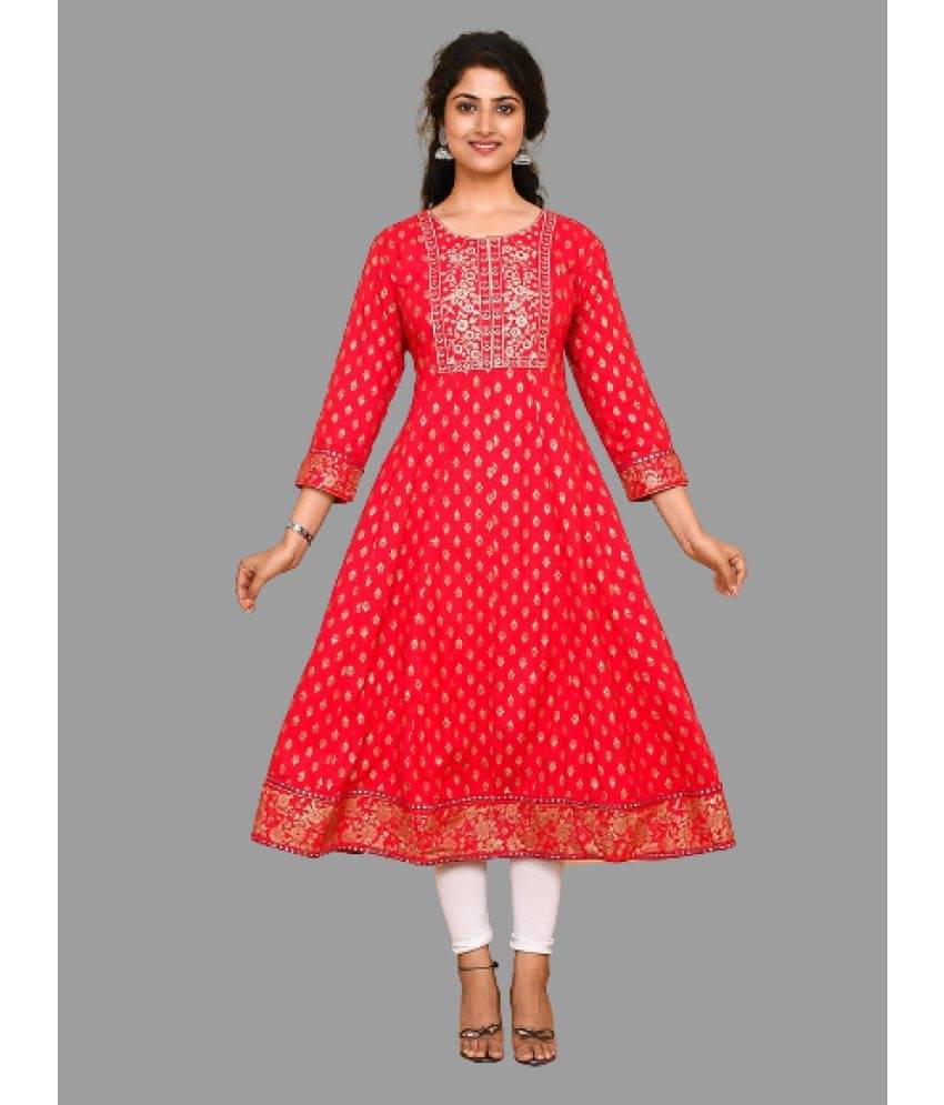 JAITPURIYA - Red Rayon Women's Flared Kurti ( Pack of 1 ) JAITPURIYA - Red Rayon Women's Flared Kurti ( Pack of 1 )