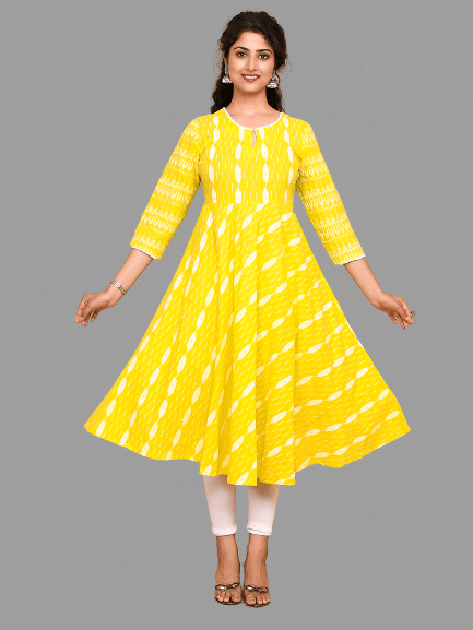 JAITPURIYA - Yellow Cotton Women's Anarkali Kurti ( Pack of 1 )     			JAITPURIYA - Yellow Cotton Women's Anarkali Kurti ( Pack of 1 )