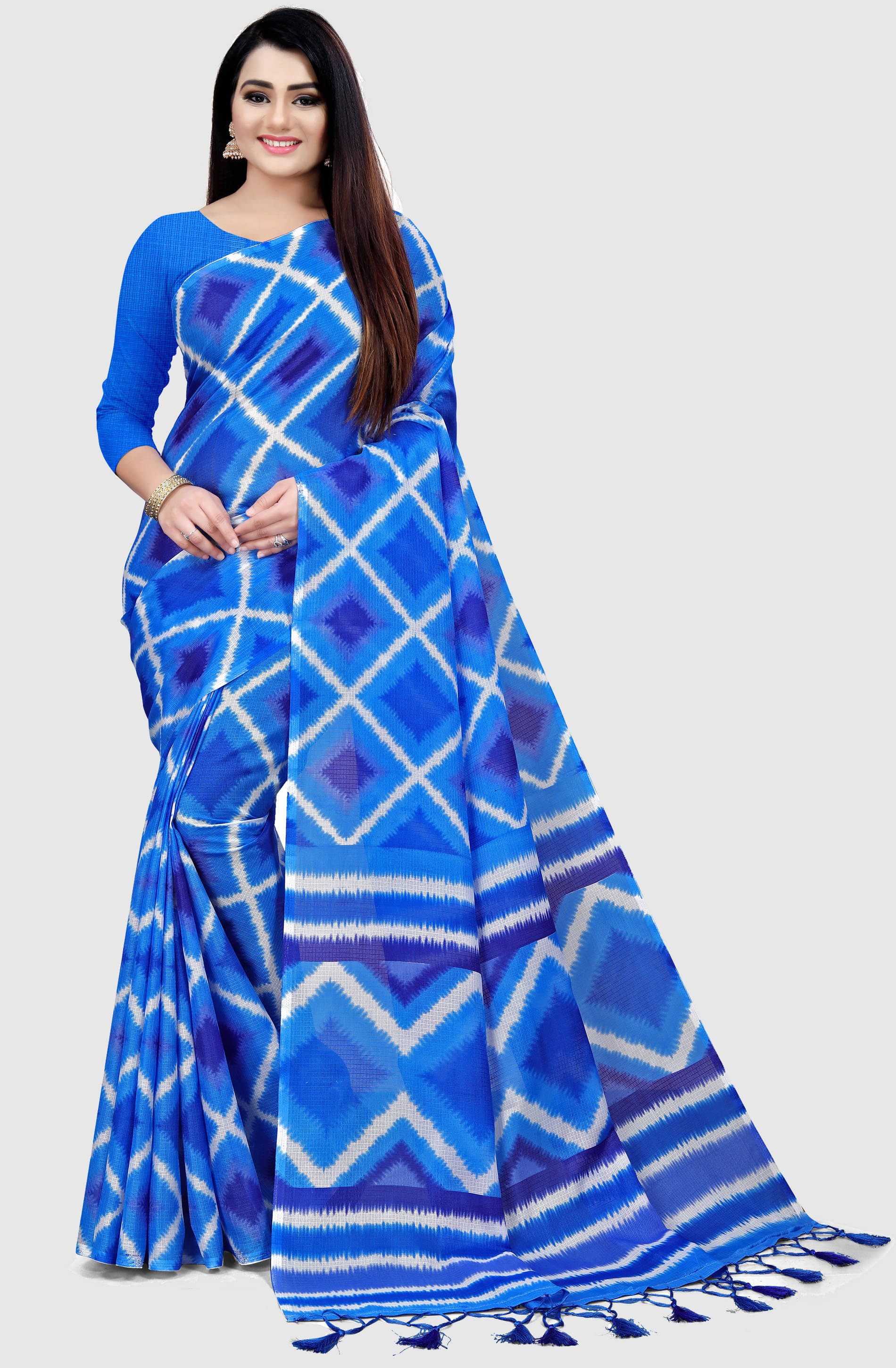     			Rajnandini Cotton Printed Saree With Unstitched Blouse Piece ( Blue )