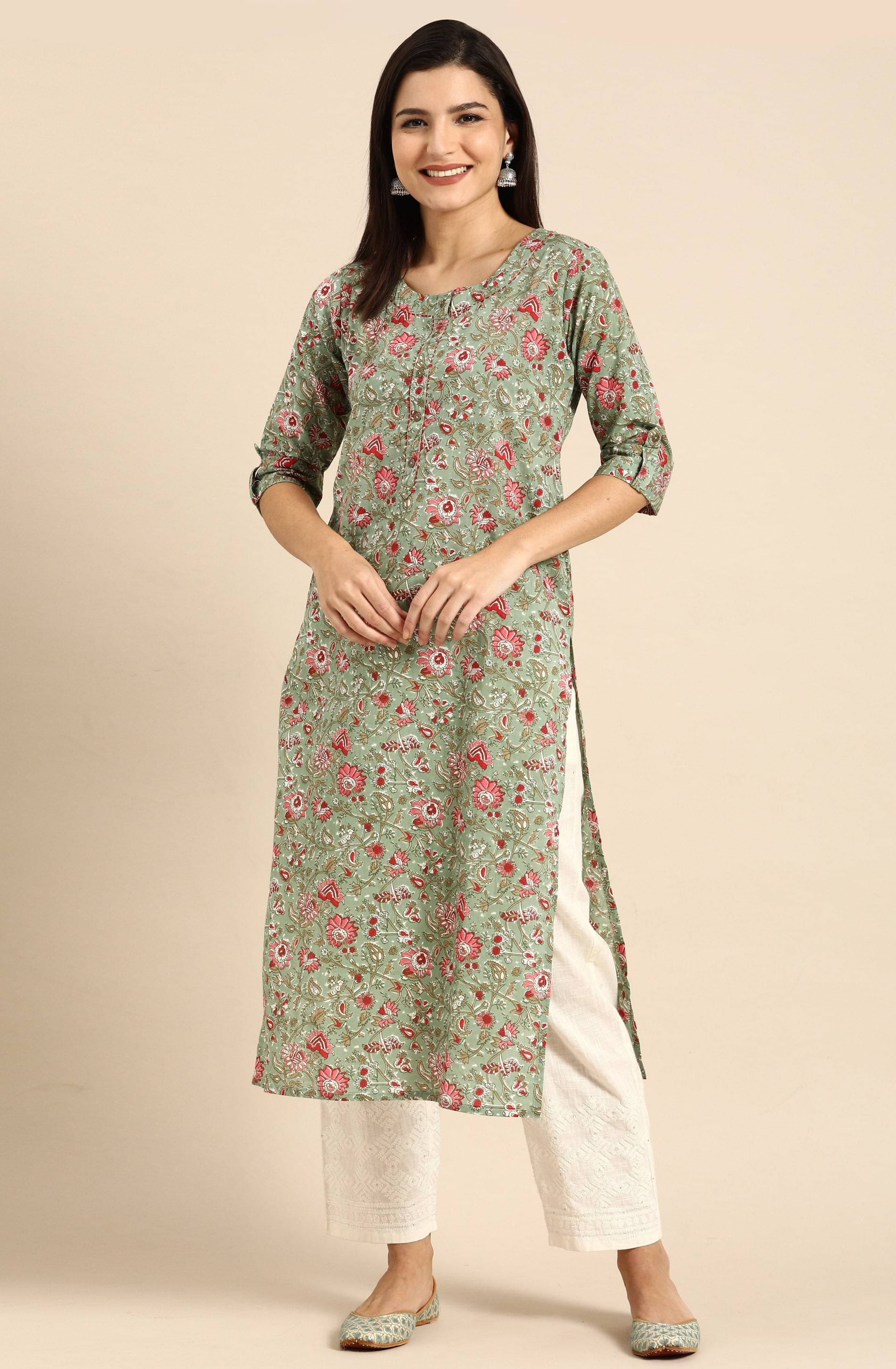 Rajnandini - Green 100% Cotton Women's Straight Kurti ( Pack of 1 )     			Rajnandini - Green 100% Cotton Women's Straight Kurti ( Pack of 1 )