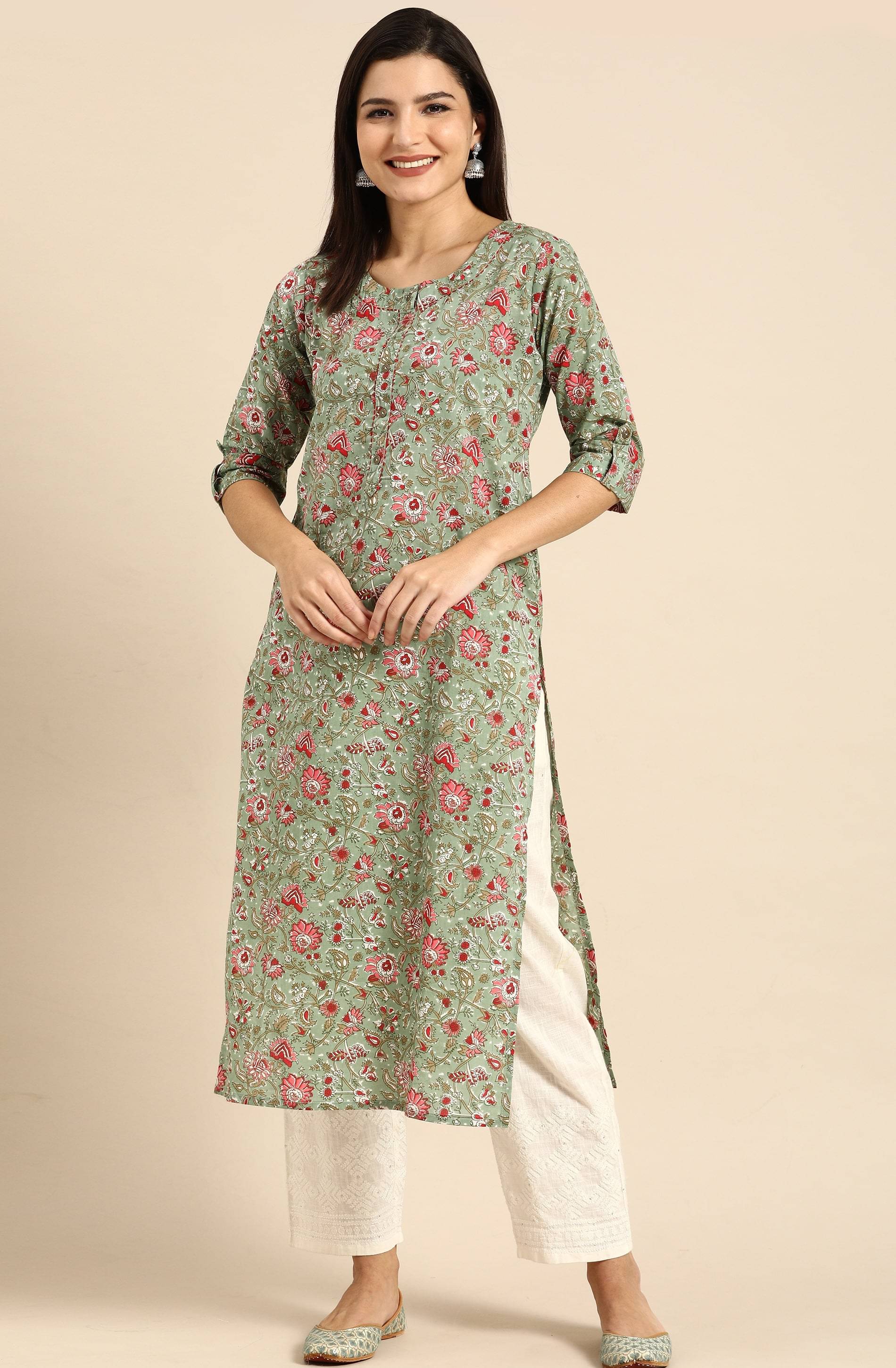 Rajnandini - Green 100% Cotton Women's Straight Kurti ( Pack of 1 ) Rajnandini - Green 100% Cotton Women's Straight Kurti ( Pack of 1 )
