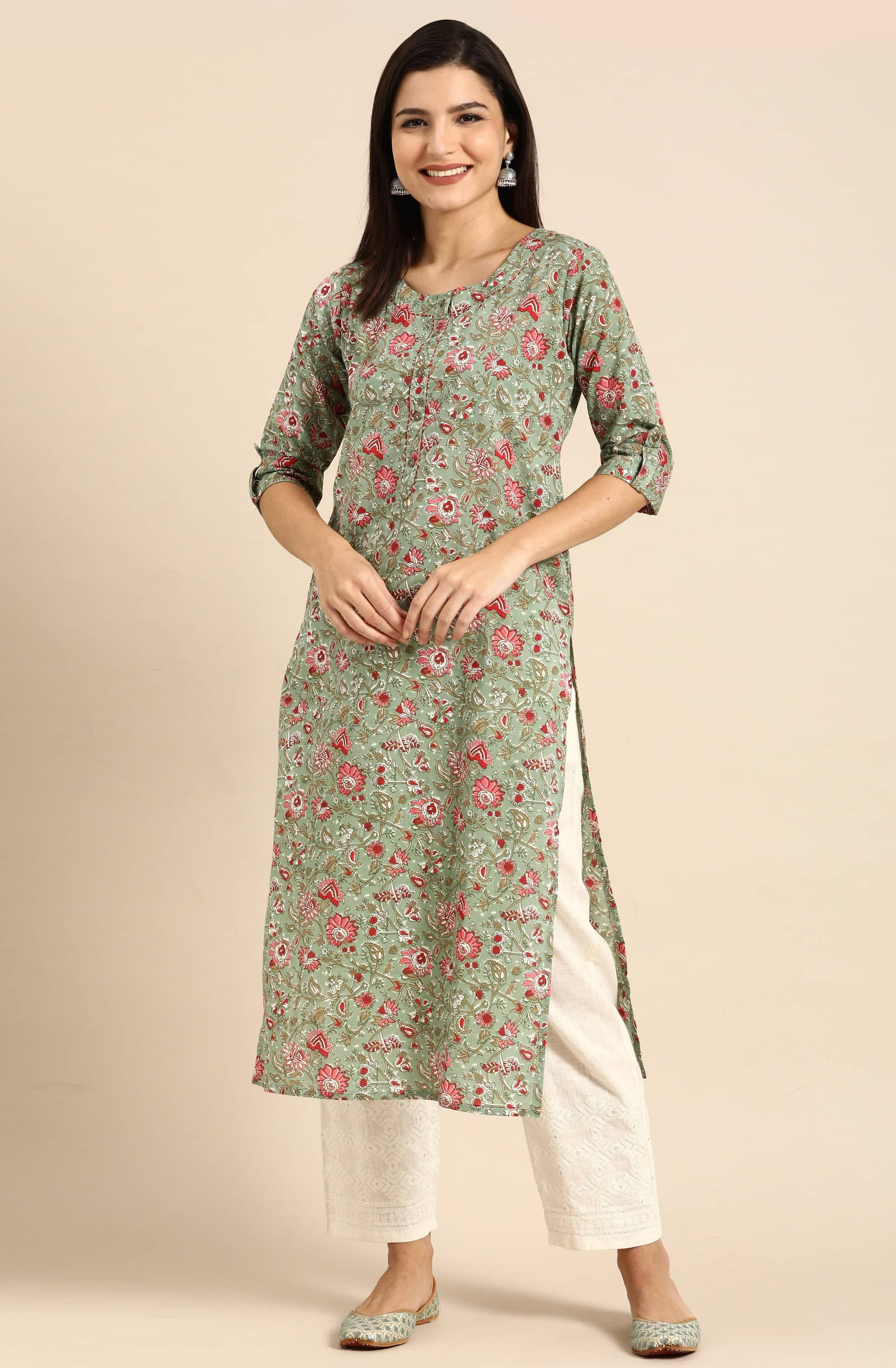 Rajnandini - Green 100% Cotton Women's Straight Kurti ( Pack of 1 ) - Kurtis, Tunics | Buy online on ZillyBuy