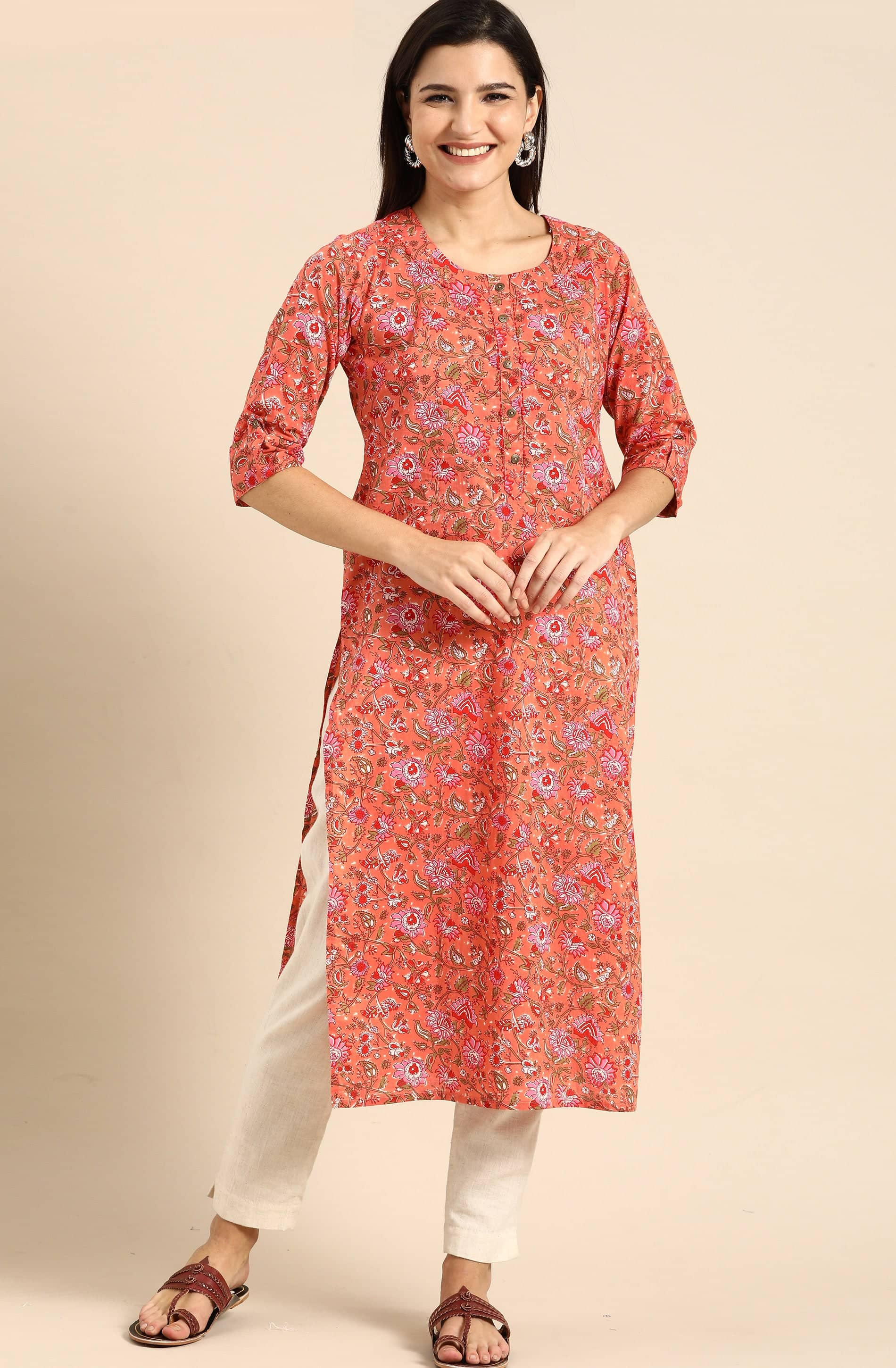Rajnandini - Orange 100% Cotton Women's Straight Kurti ( Pack of 1 ) - Kurtis, Tunics | Buy online on ZillyBuy