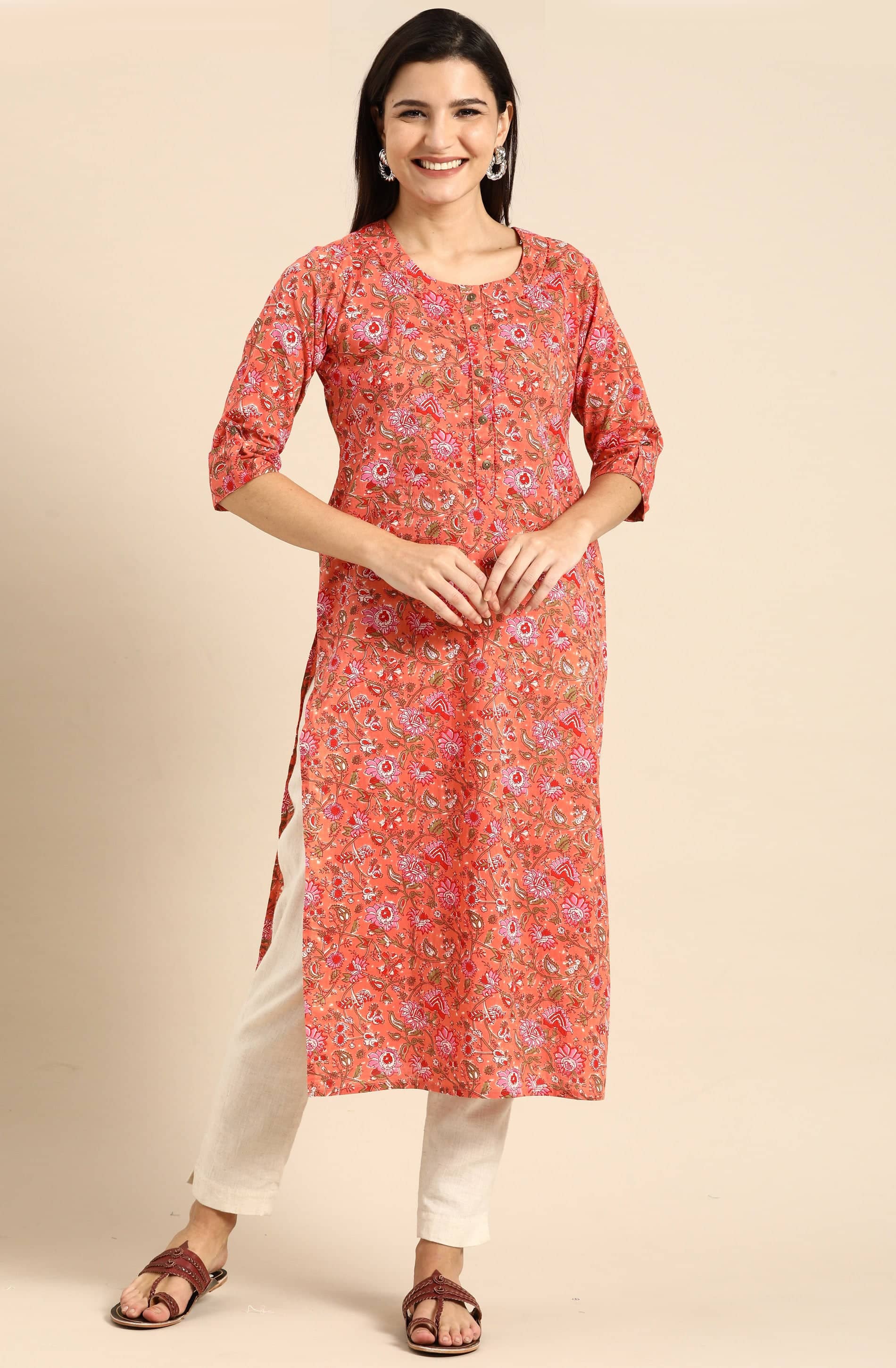 Rajnandini - Orange 100% Cotton Women's Straight Kurti ( Pack of 1 ) - Kurtis, Tunics | Buy online on ZillyBuy