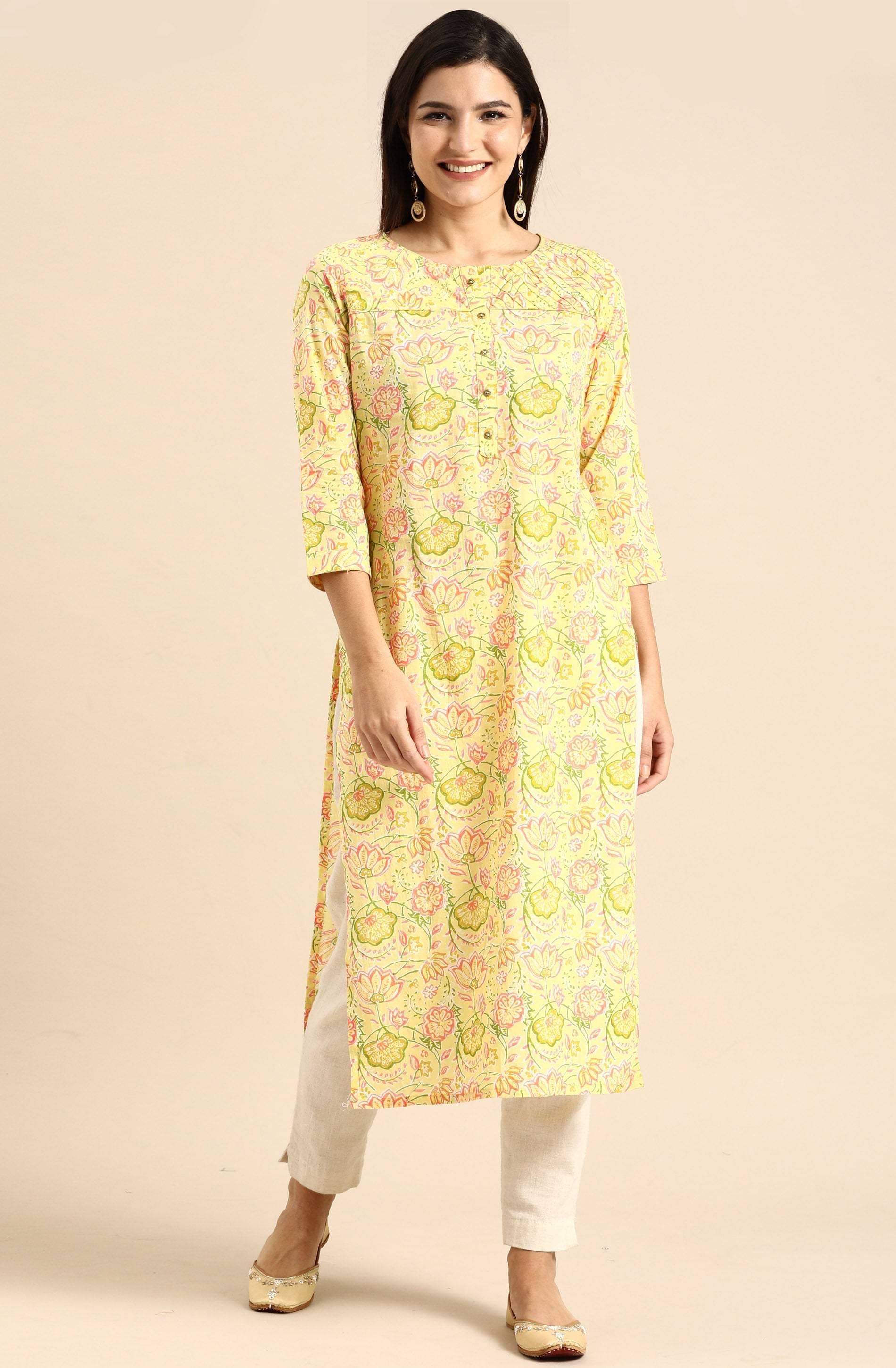     			Rajnandini - Yellow 100% Cotton Women's Straight Kurti ( Pack of 1 )