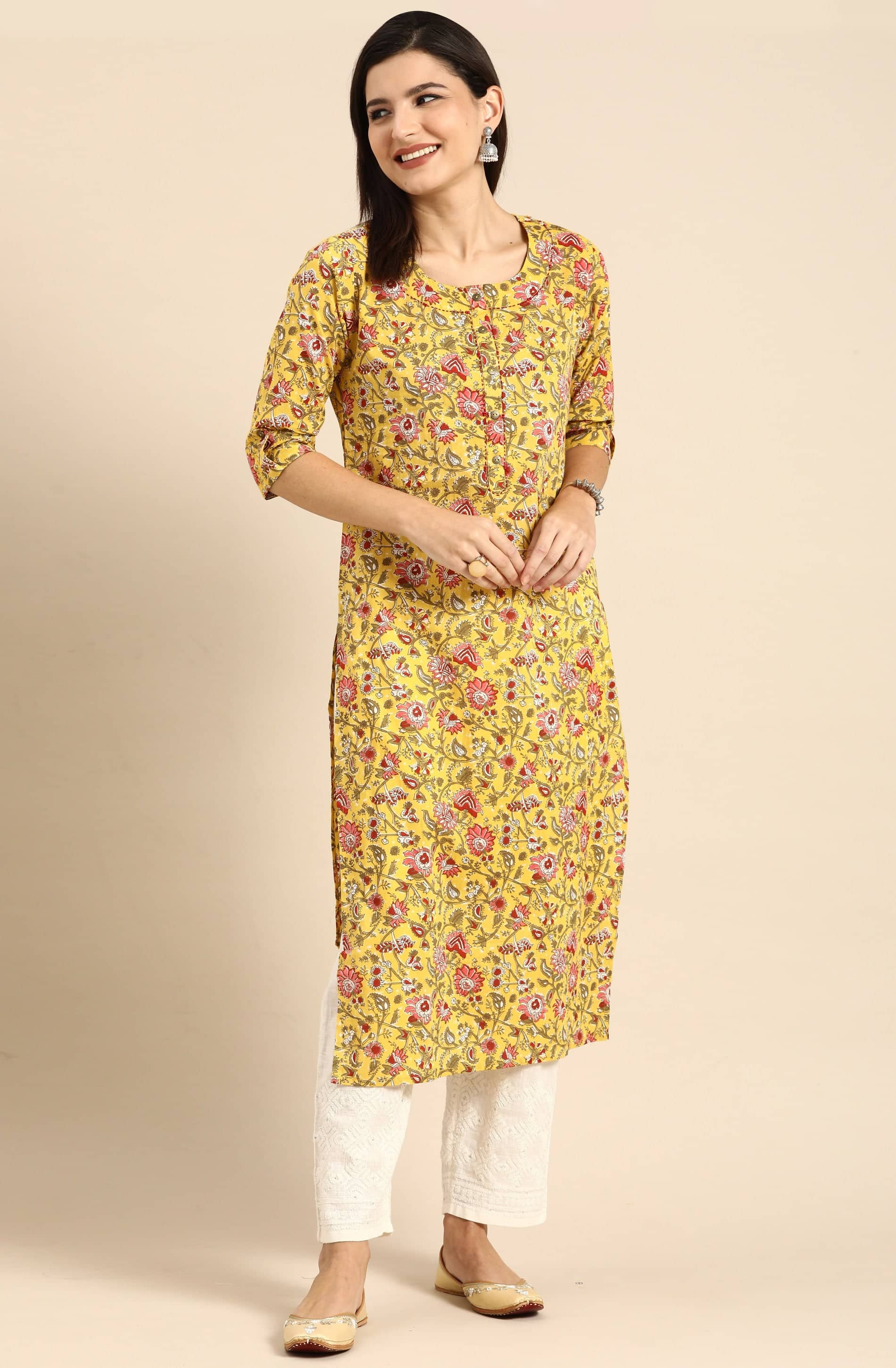 Rajnandini - Yellow 100% Cotton Women's Straight Kurti ( Pack of 1 ) - Kurtis, Tunics | Buy online on ZillyBuy