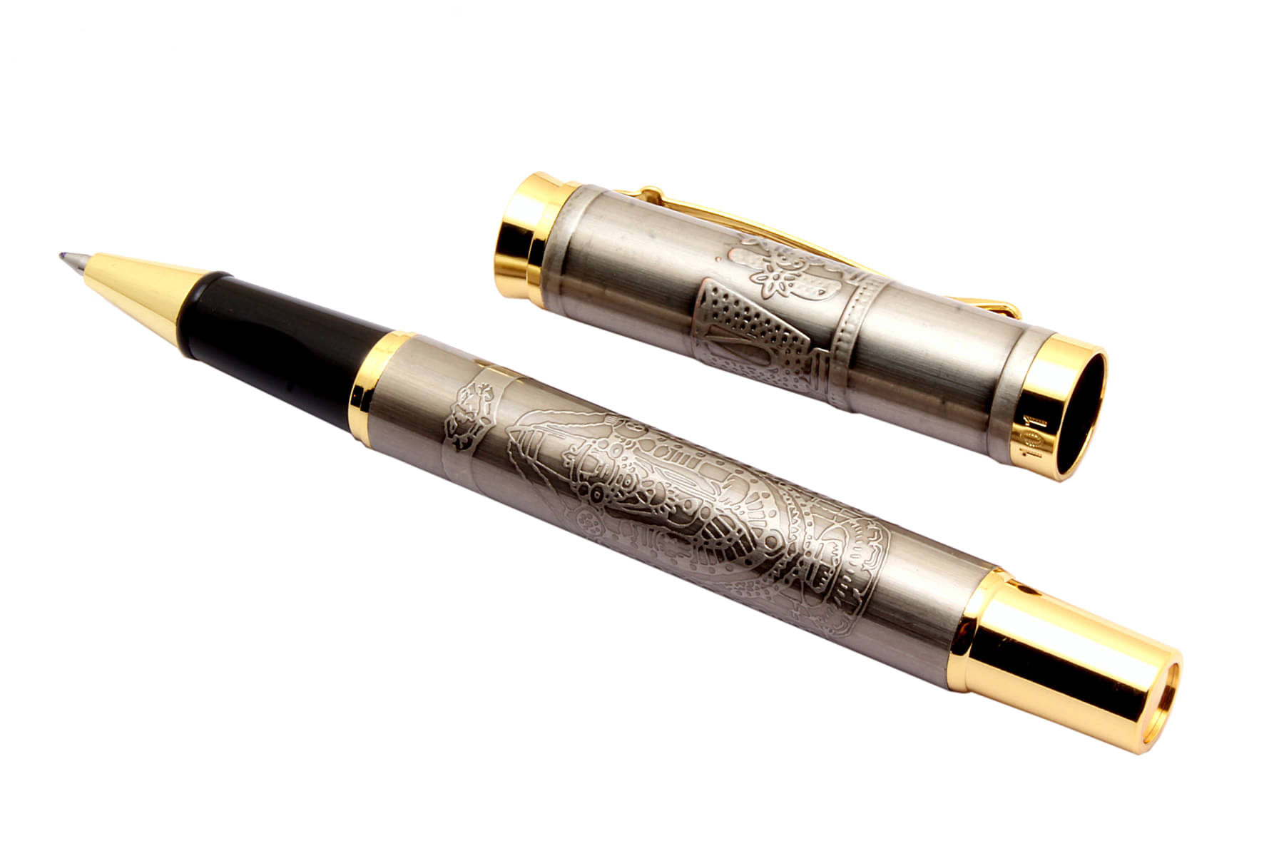     			Srpc Levin 101 Lord Tirupati Balaji & Tilak Symbol Engraved On Vintage Look Roller Ball Pen Golden Trims (Grey Color Body)