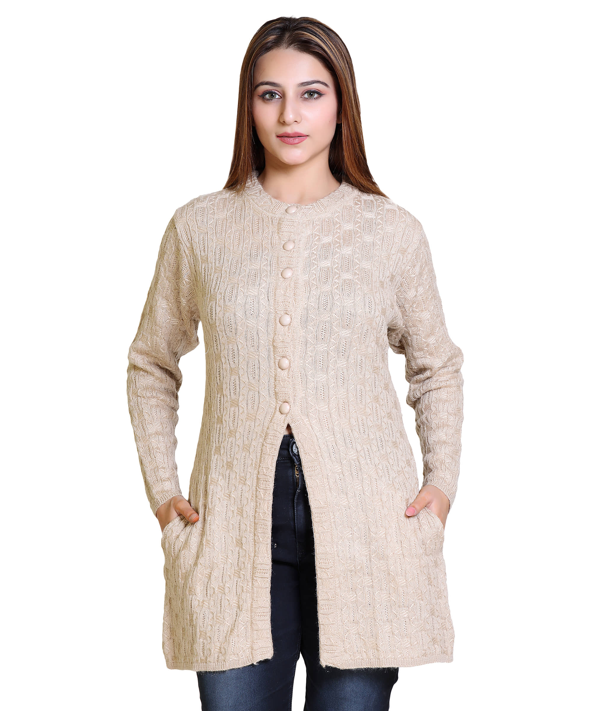 Varenyam Women Acrylic Round Neck Cardigan ( Beige )