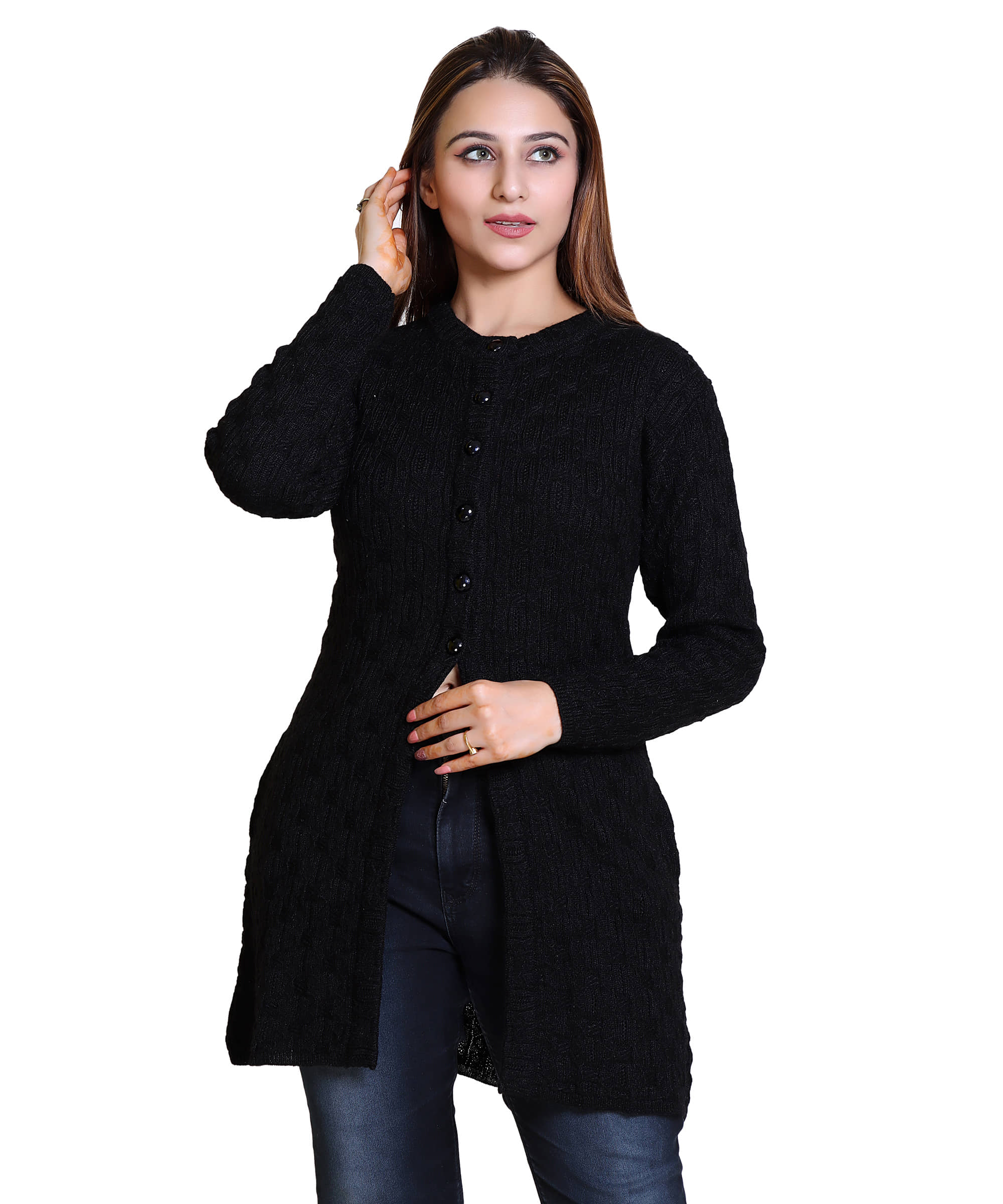 Varenyam Acrylic Black Buttoned Cardigans -
