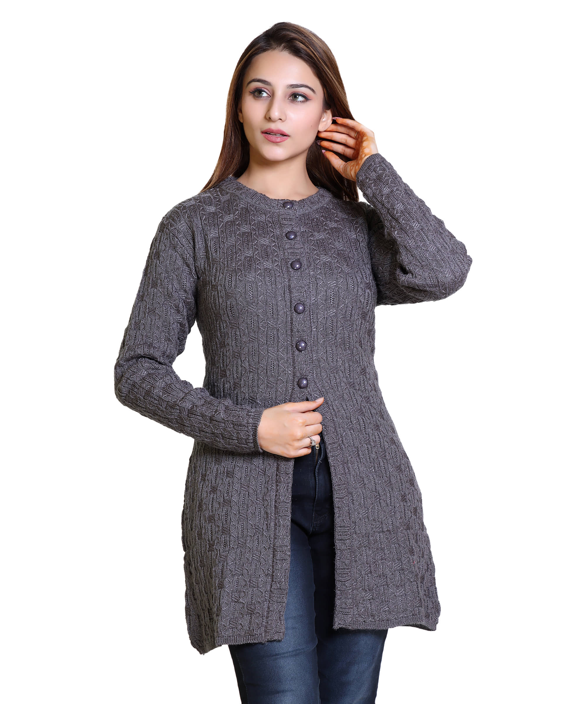 Varenyam Acrylic Grey Buttoned Cardigans -
