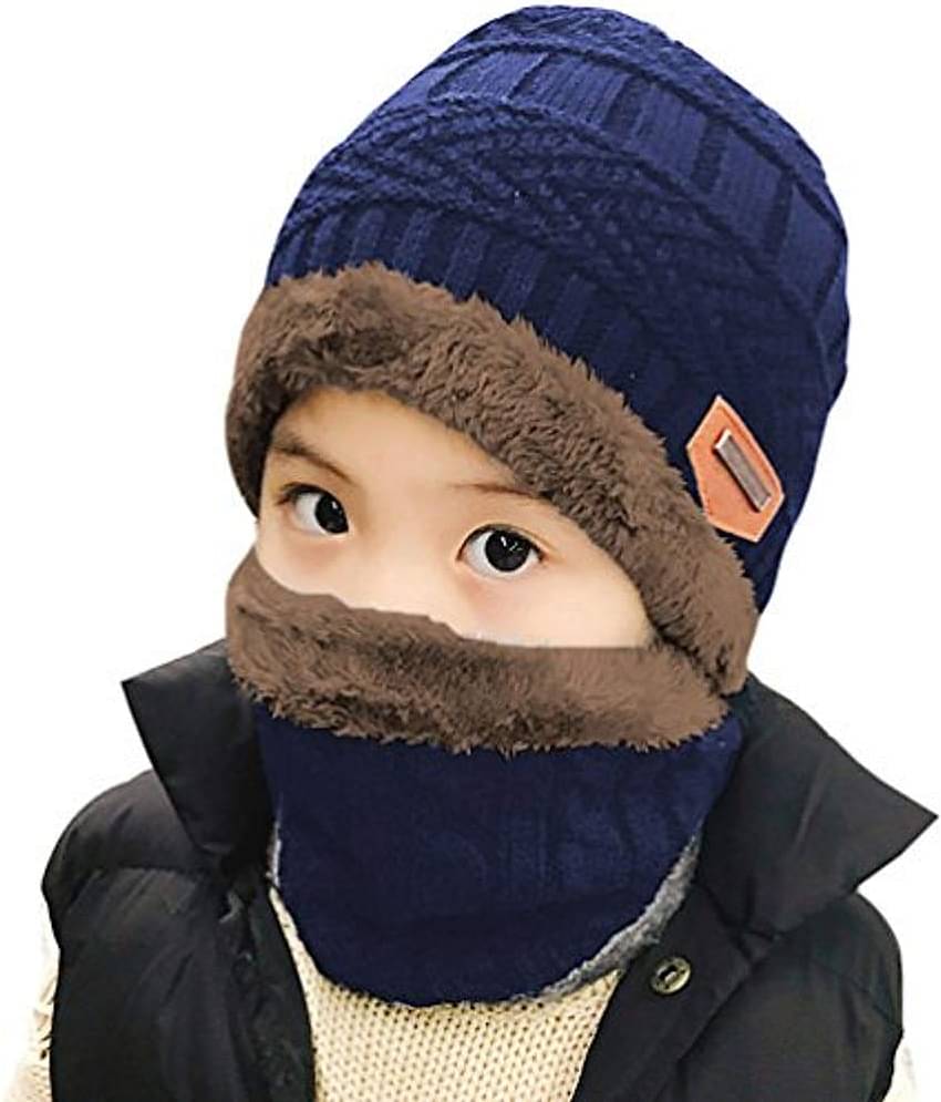 Woolen Cap & Neck Warmer for Winters with Fur Inner Side Warm Scarf Set Winter woolen Cap For kids