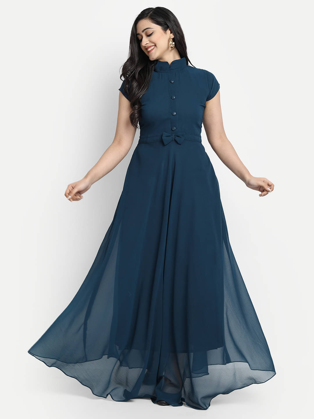 Femvy Women Georgette Solid Gown ( Blue )     			Femvy Women Georgette Solid Gown ( Blue )