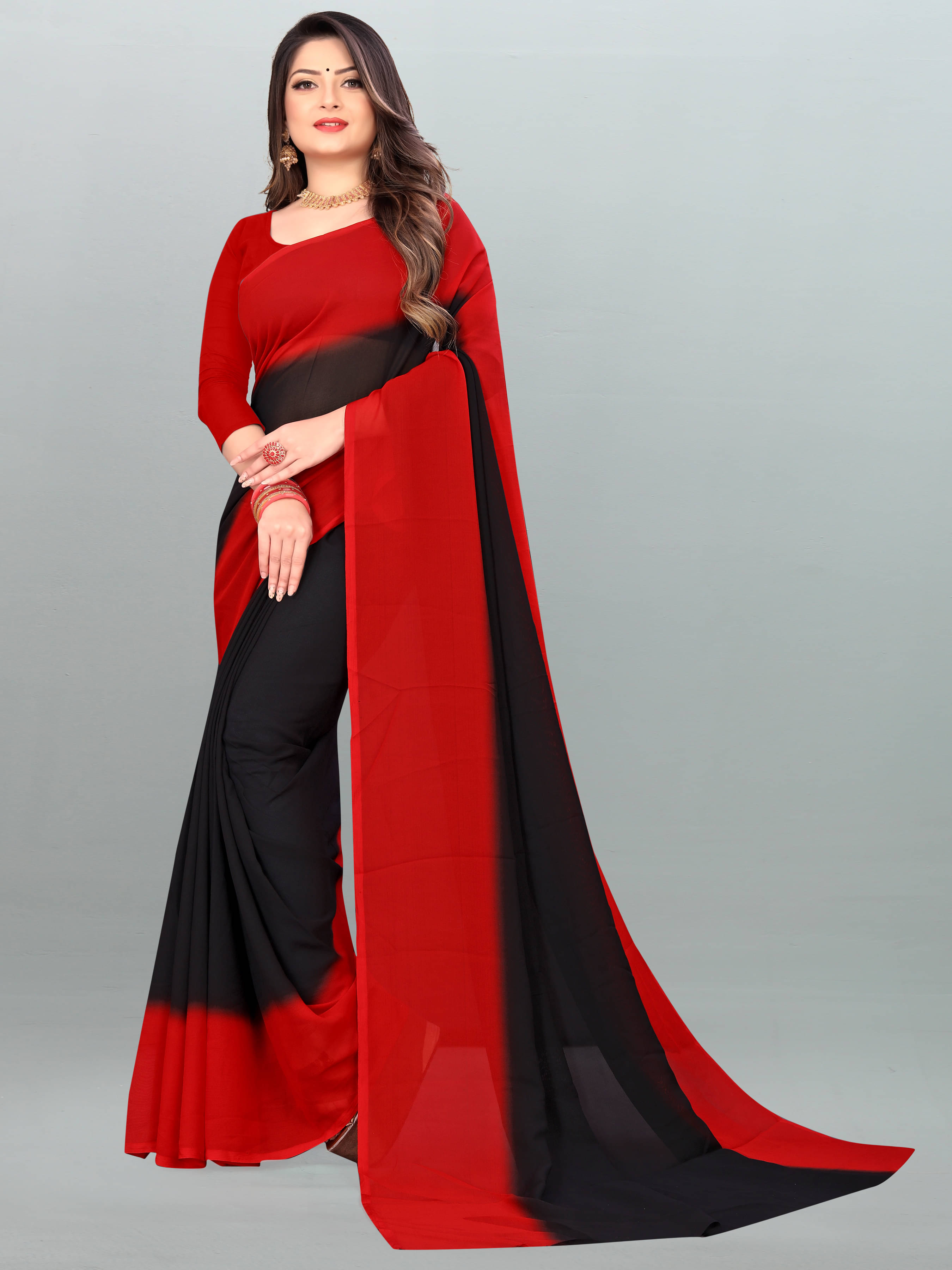 ANAND SAREES Georgette Colorblock Saree With Unstitched Blouse Piece ( Black ) ANAND SAREES Georgette Colorblock Saree With Unstitched Blouse Piece ( Black )