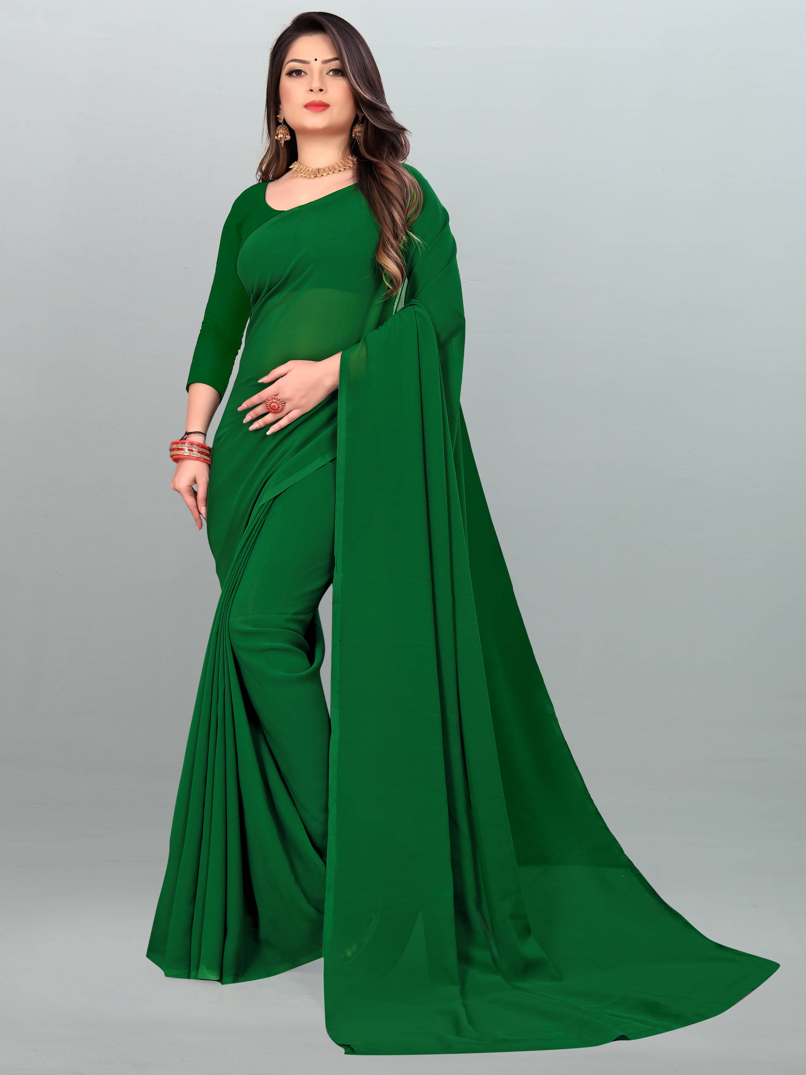 ANAND SAREES Georgette Solid Saree With Unstitched Blouse Piece ( Green ) ANAND SAREES Georgette Solid Saree With Unstitched Blouse Piece ( Green )