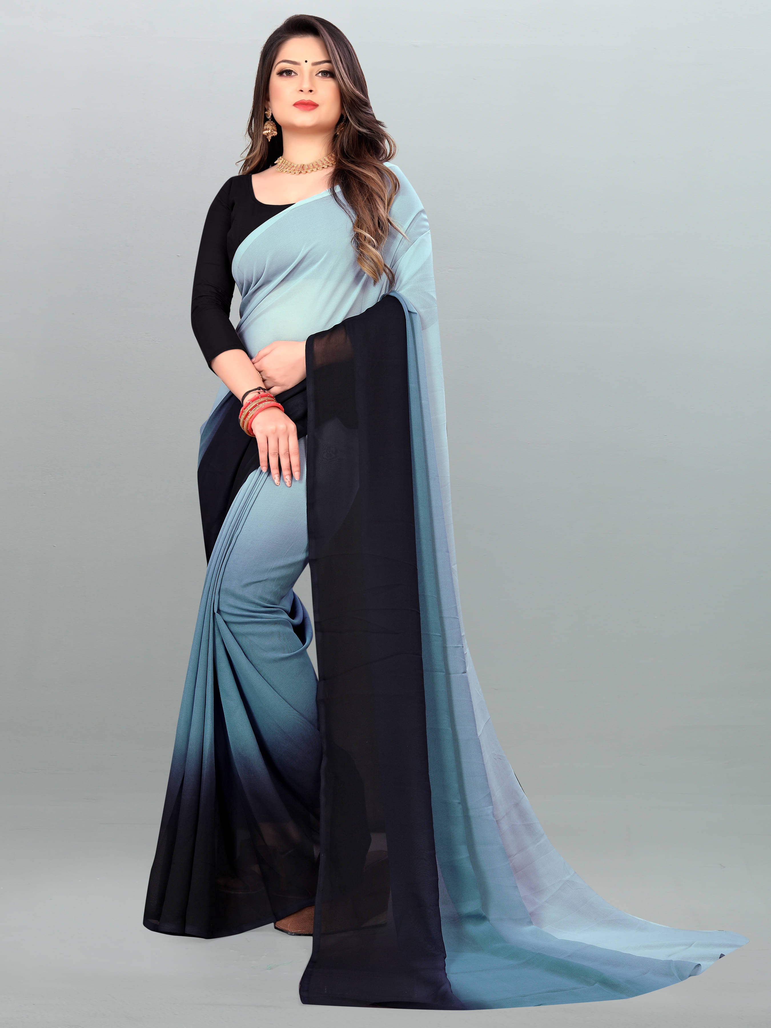     			ANAND SAREES Georgette Colorblock Saree With Unstitched Blouse Piece ( Grey )