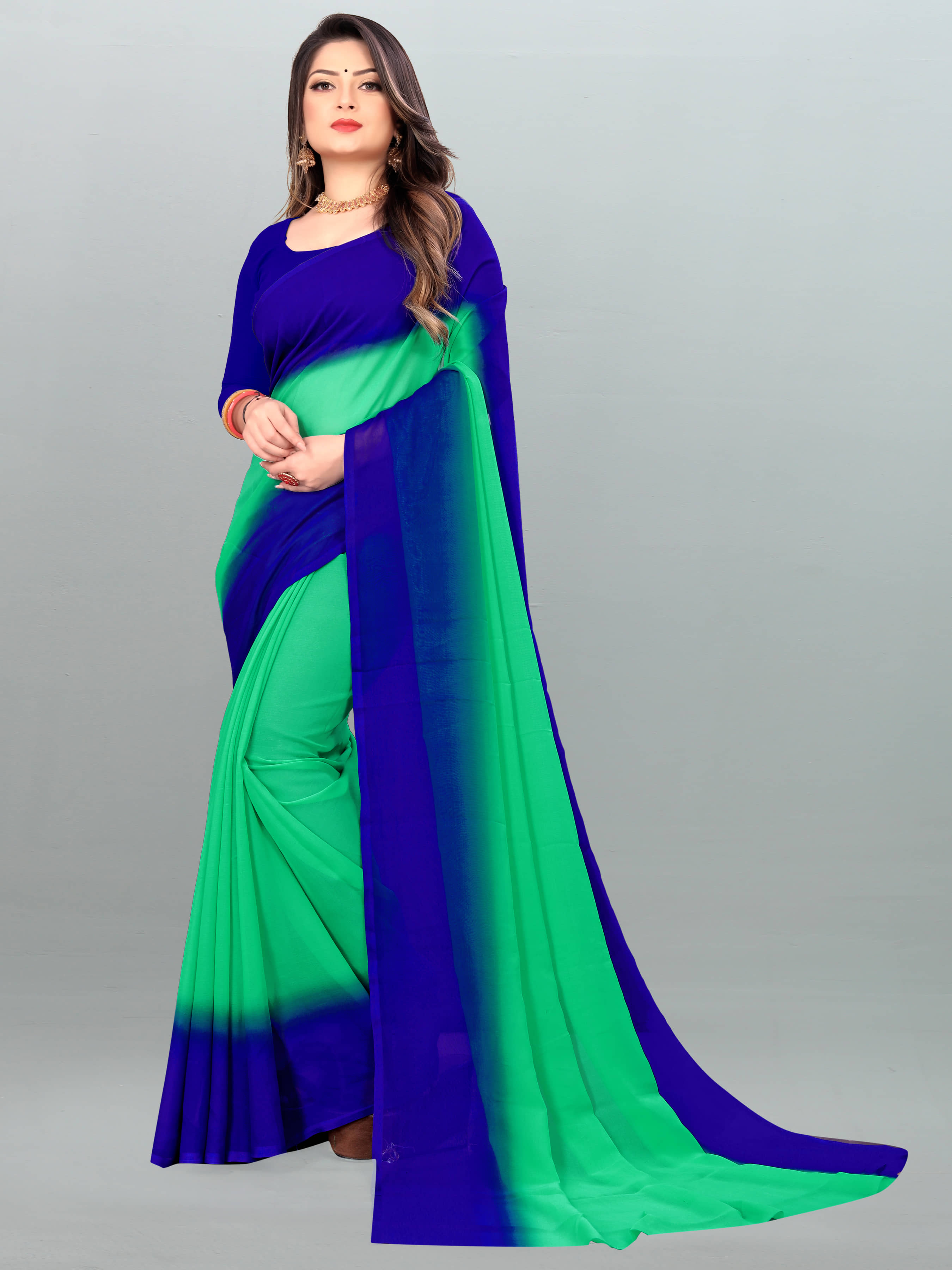 ANAND SAREES Georgette Colorblock Saree With Unstitched Blouse Piece ( Red ) - Sarees | Buy online on ZillyBuy