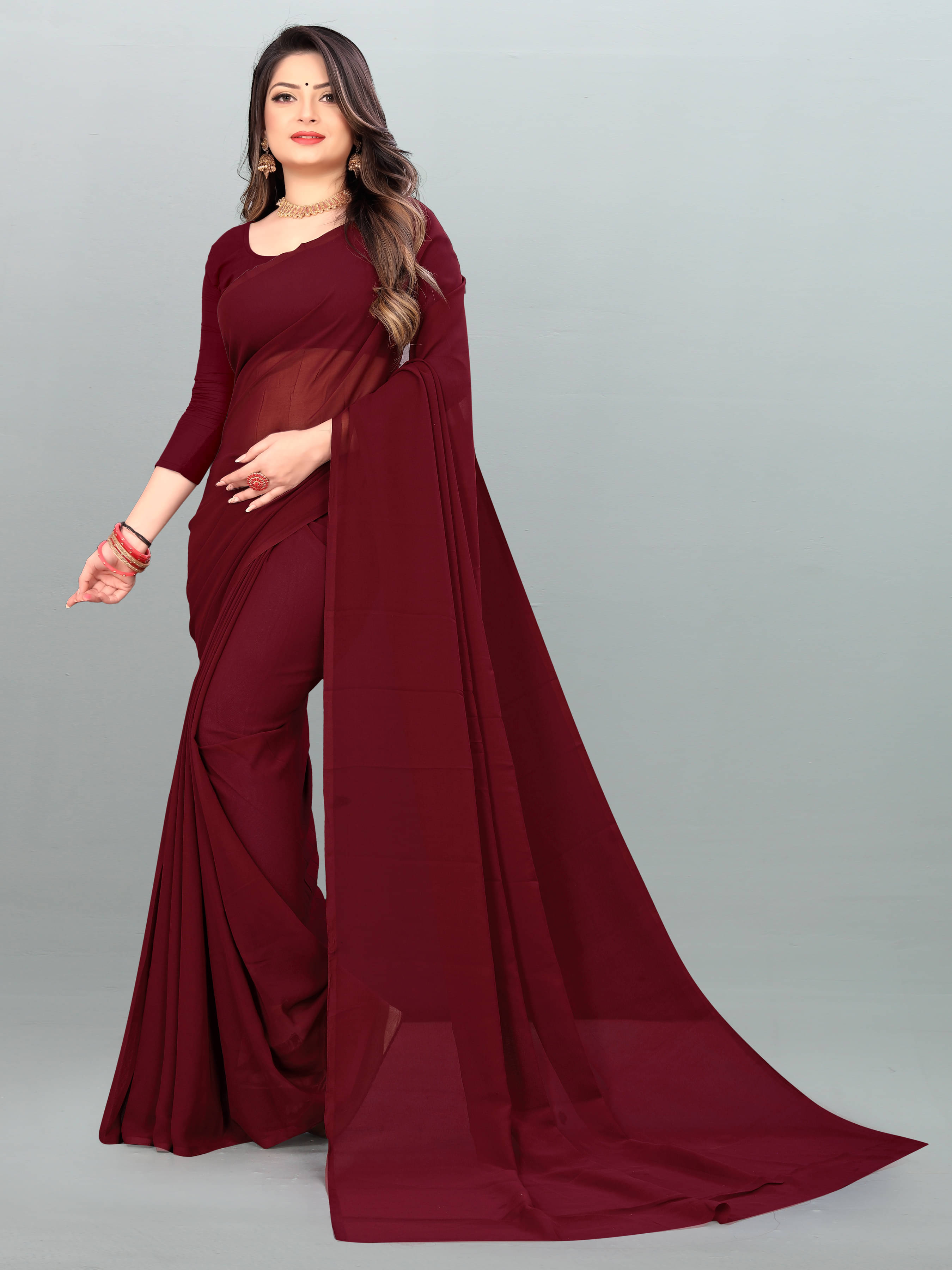     			ANAND SAREES Georgette Solid Saree With Unstitched Blouse Piece ( Maroon )