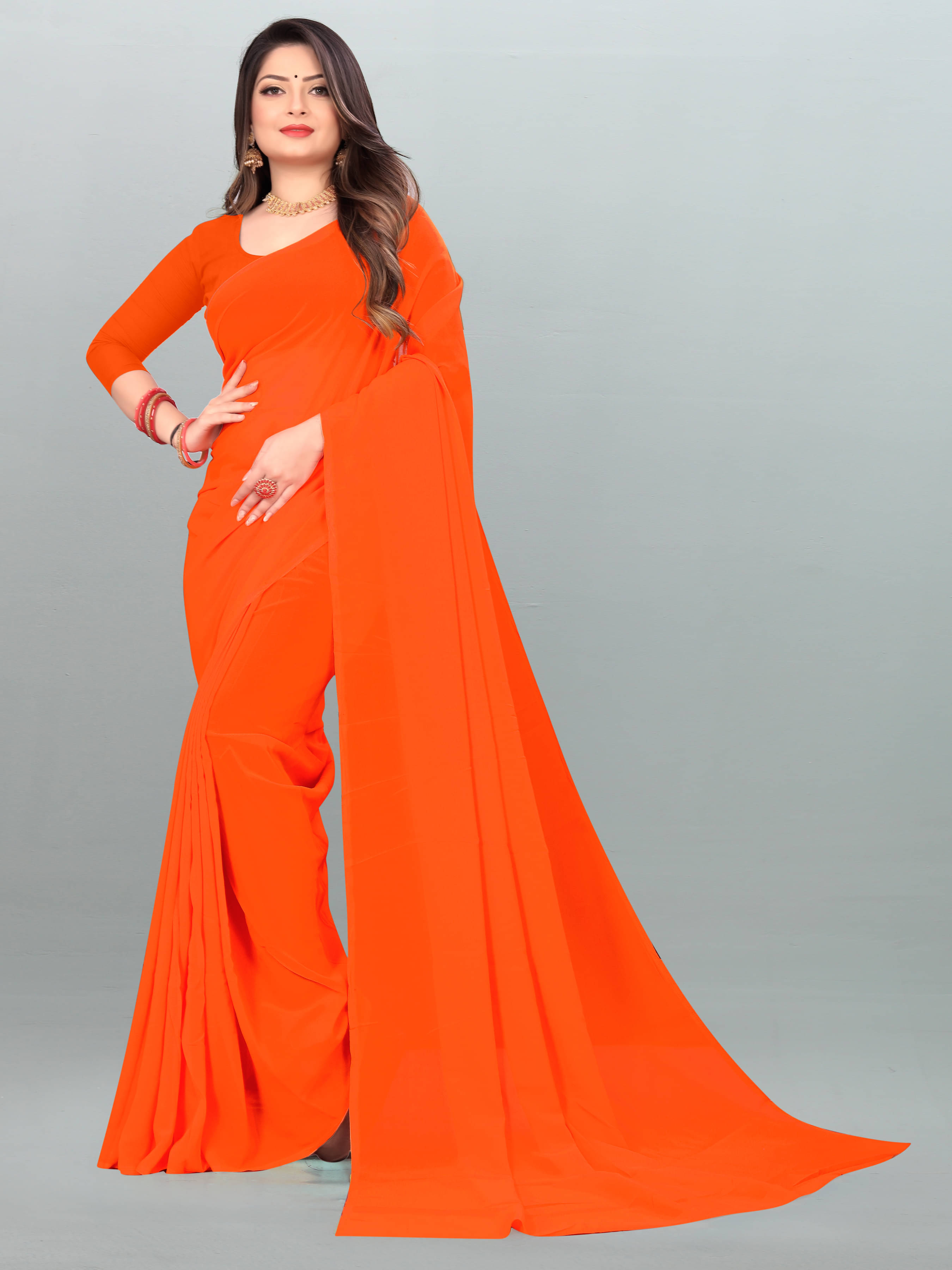 ANAND SAREES Georgette Solid Saree With Unstitched Blouse Piece ( Orange ) ANAND SAREES Georgette Solid Saree With Unstitched Blouse Piece ( Orange )