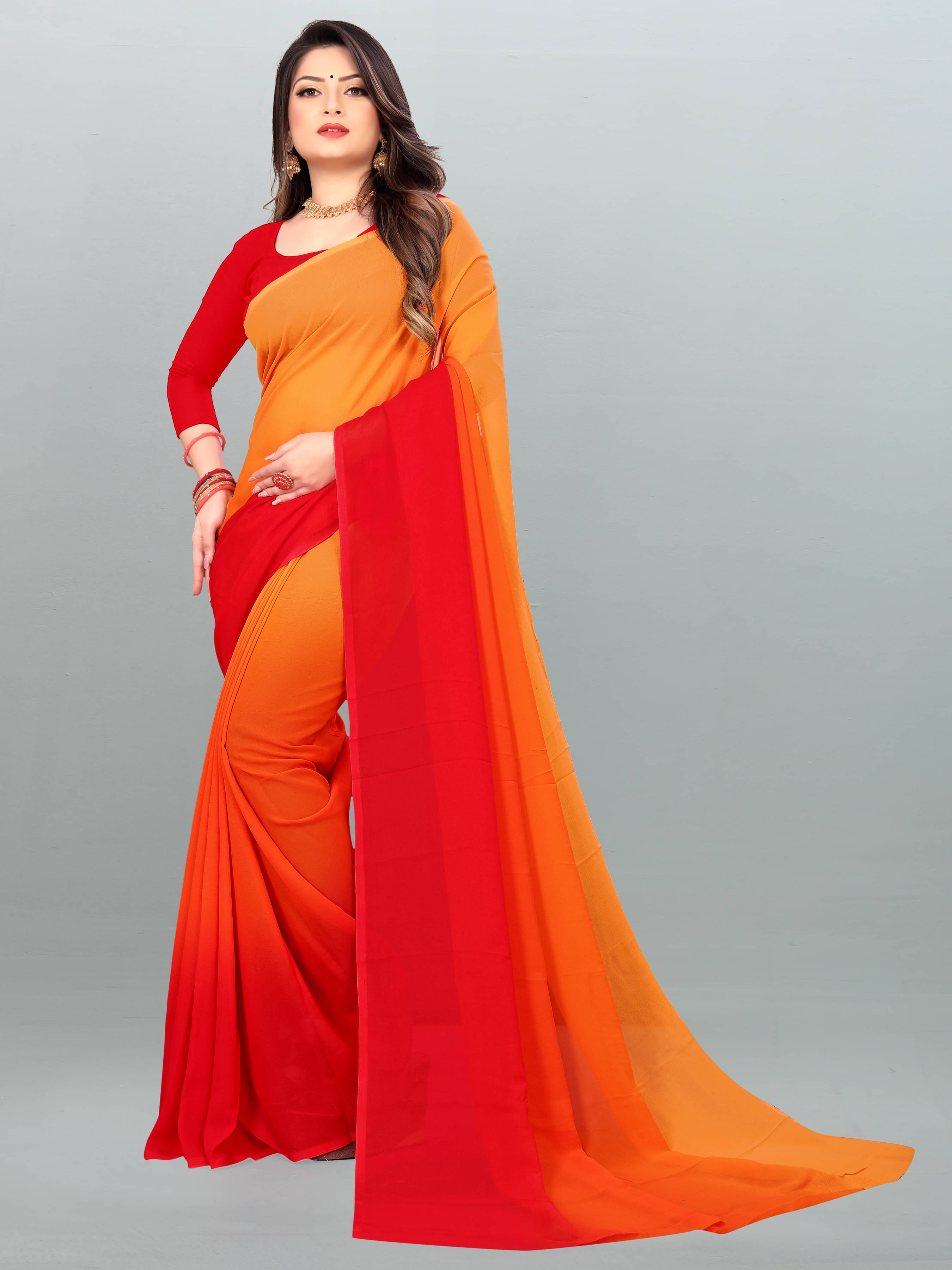     			ANAND SAREES Georgette Colorblock Saree With Unstitched Blouse Piece ( Orange )