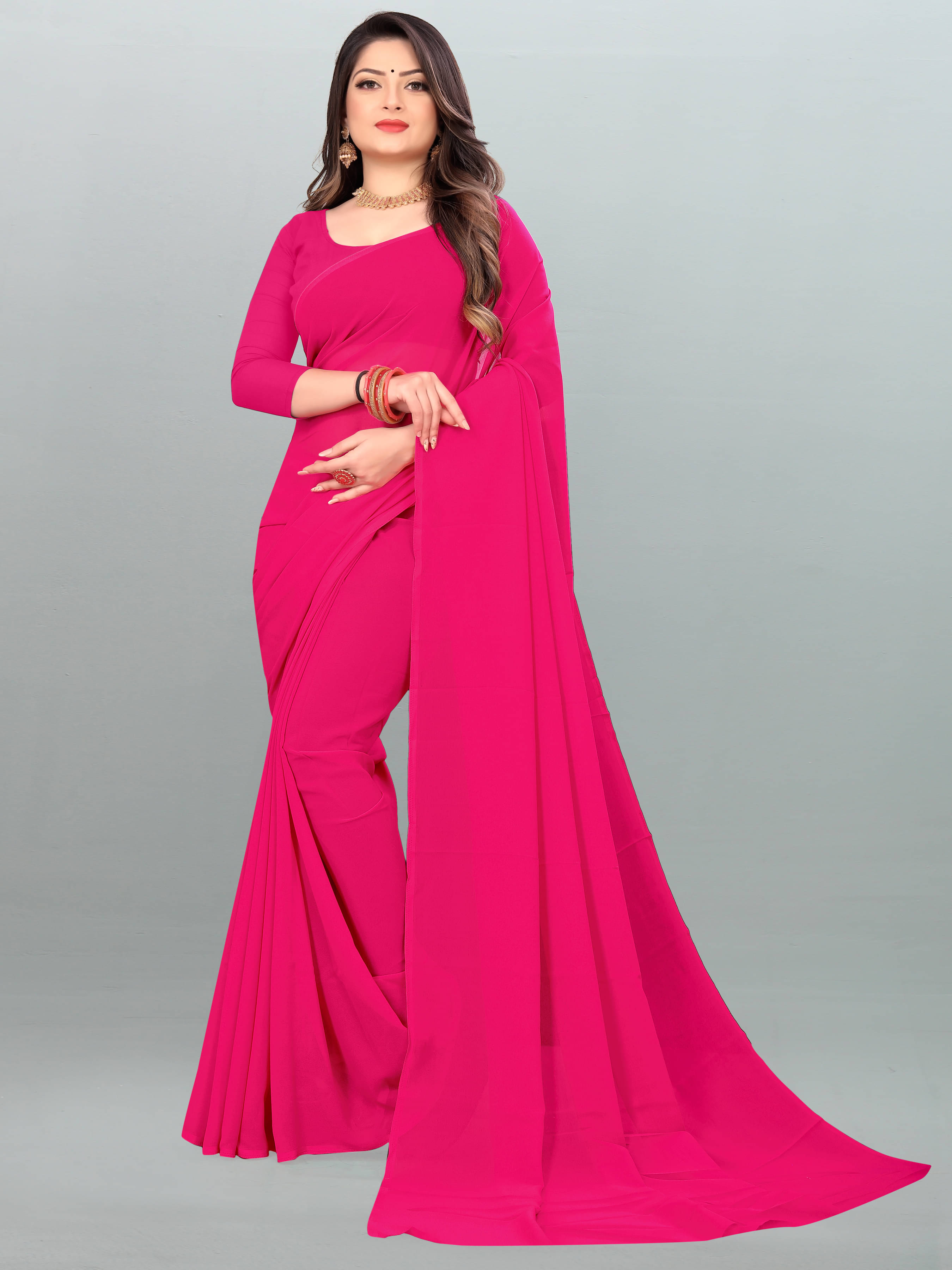ANAND SAREES Georgette Solid Saree With Unstitched Blouse Piece ( Pink ) ANAND SAREES Georgette Solid Saree With Unstitched Blouse Piece ( Pink )