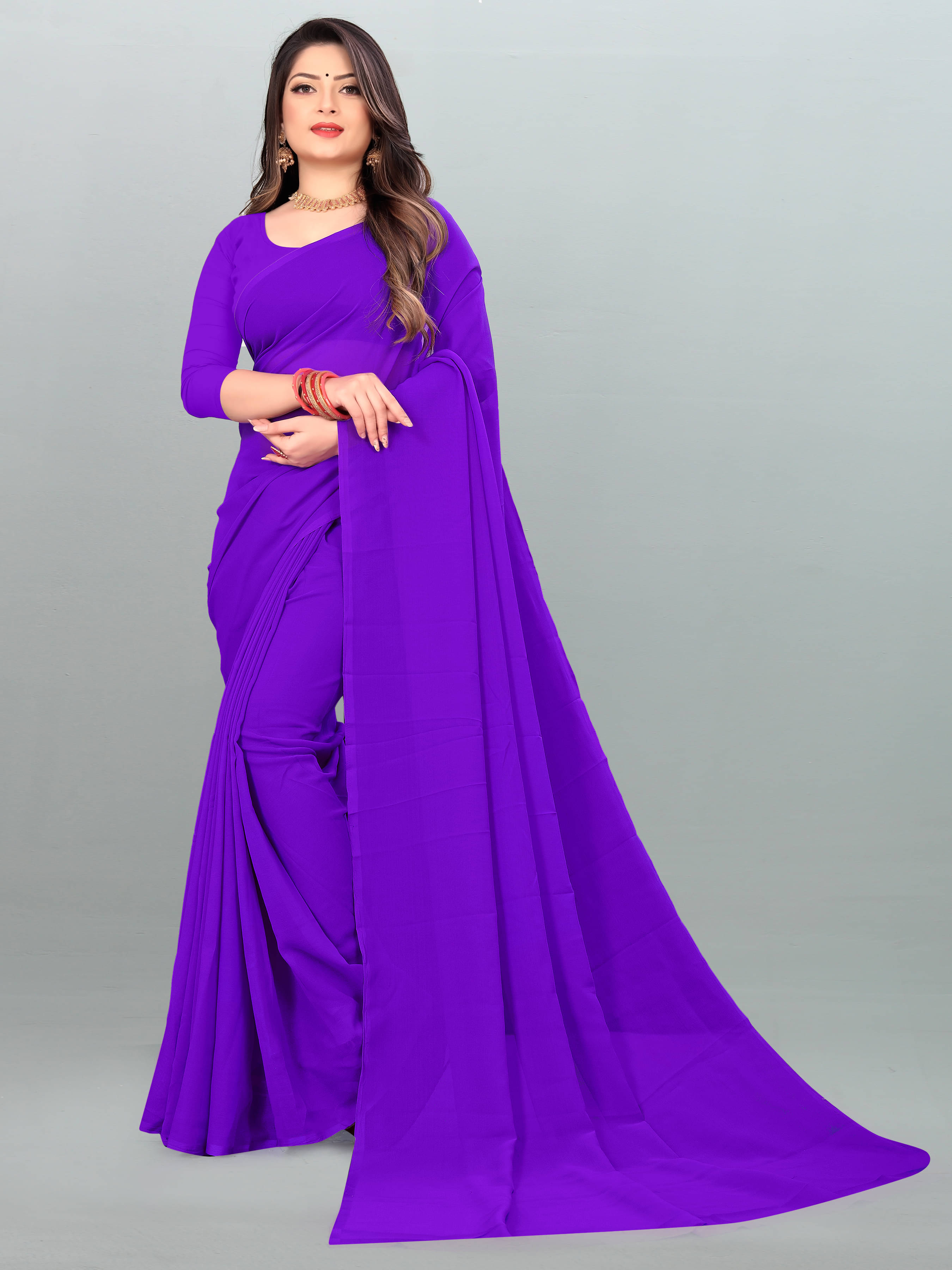 ANAND SAREES Georgette Solid Saree With Unstitched Blouse Piece ( Purple ) ANAND SAREES Georgette Solid Saree With Unstitched Blouse Piece ( Purple )