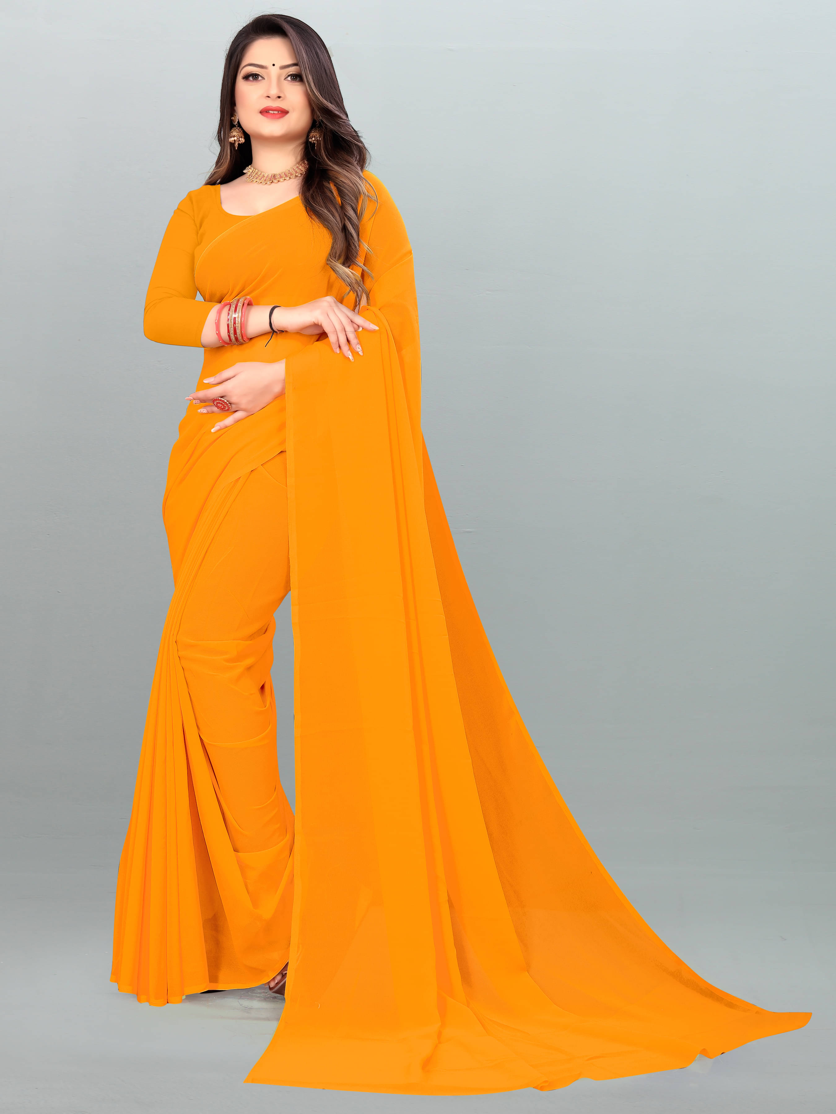 ANAND SAREES Georgette Solid Saree With Unstitched Blouse Piece ( Yellow )     			ANAND SAREES Georgette Solid Saree With Unstitched Blouse Piece ( Yellow )