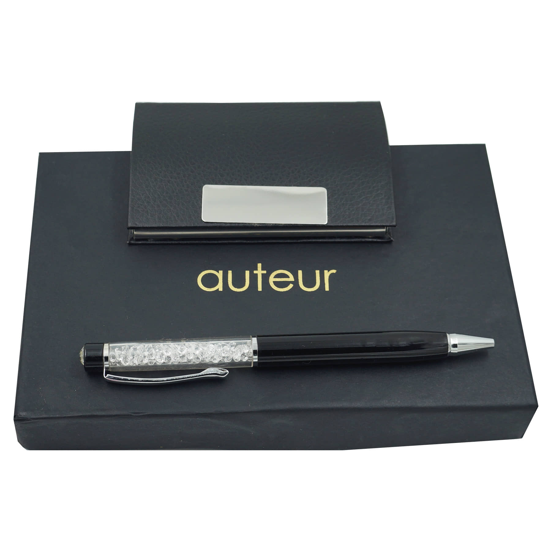 auteur 2in1 Corporate Gift Set Crystal Diamond Black (Blue Ink) Ball Pen With Premium RFID safe Black Pu Leather Card Wallet Magnetic Clouser Ideal for Every Gifting Occasion| Gift For Men|Women|Boss|Friends|Birthday|Anniversary(VCH58)