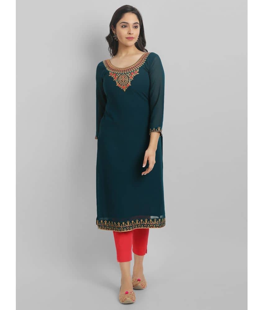 Femvy - Blue Georgette Women's Straight Kurti ( Pack of 1 ) - Kurtis, Tunics | Buy online on ZillyBuy