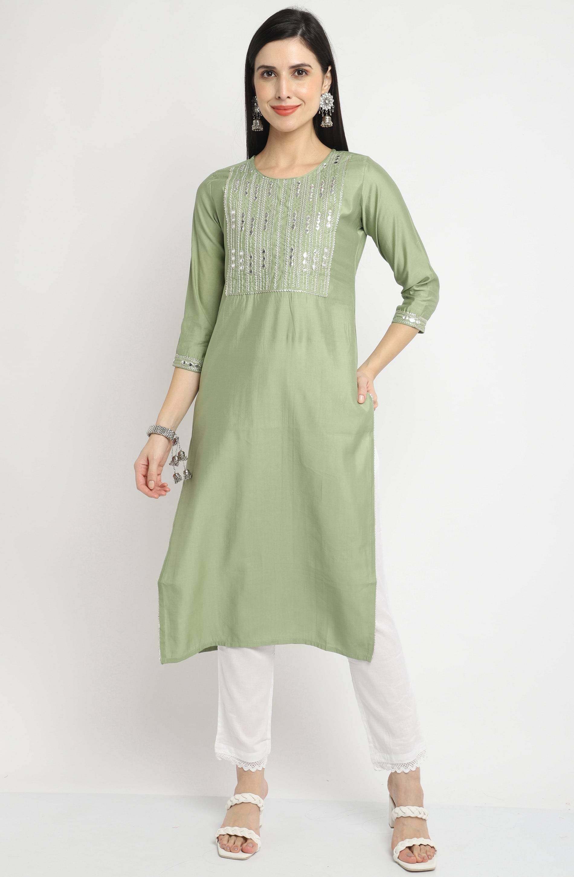 Rajnandini - Green Chanderi Women's A-line Kurti ( Pack of 1 ) Rajnandini - Green Chanderi Women's A-line Kurti ( Pack of 1 )