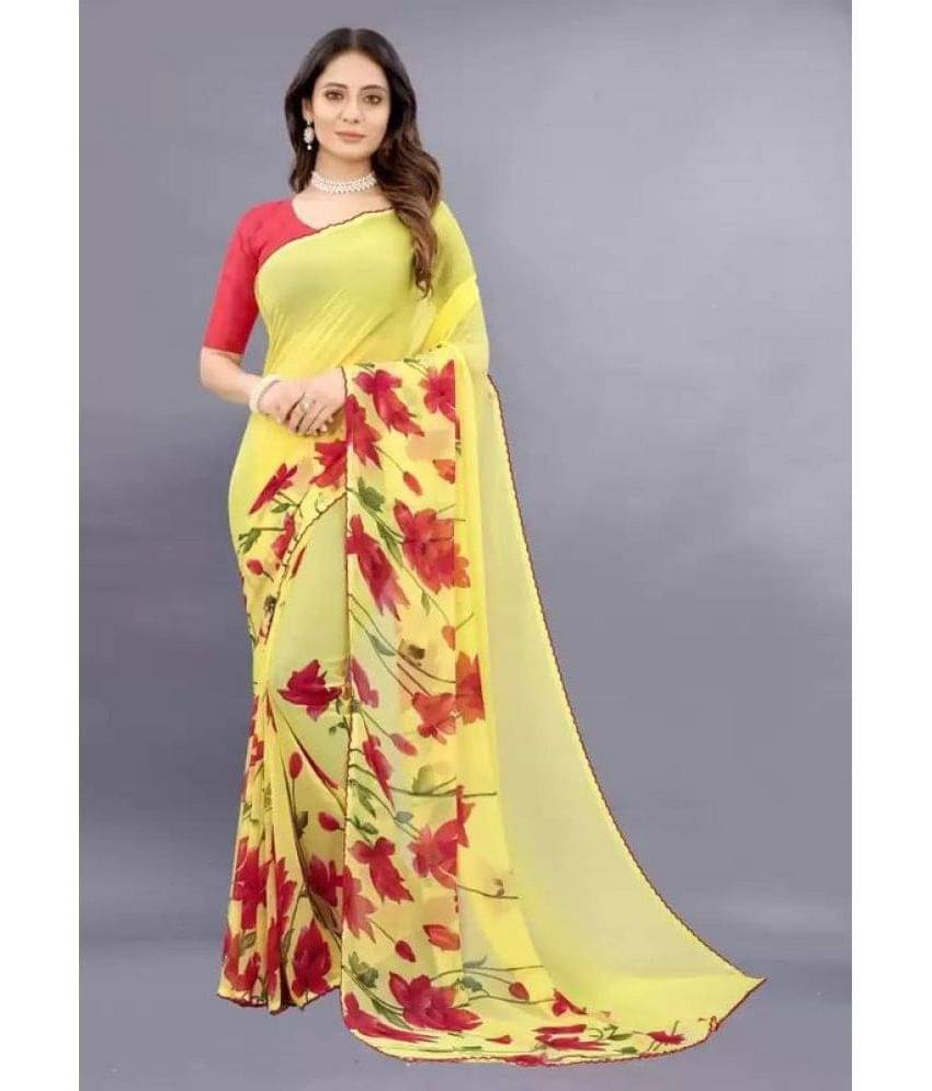     			Sanjana Silks Georgette Printed Saree With Unstitched Blouse Piece ( Yellow )
