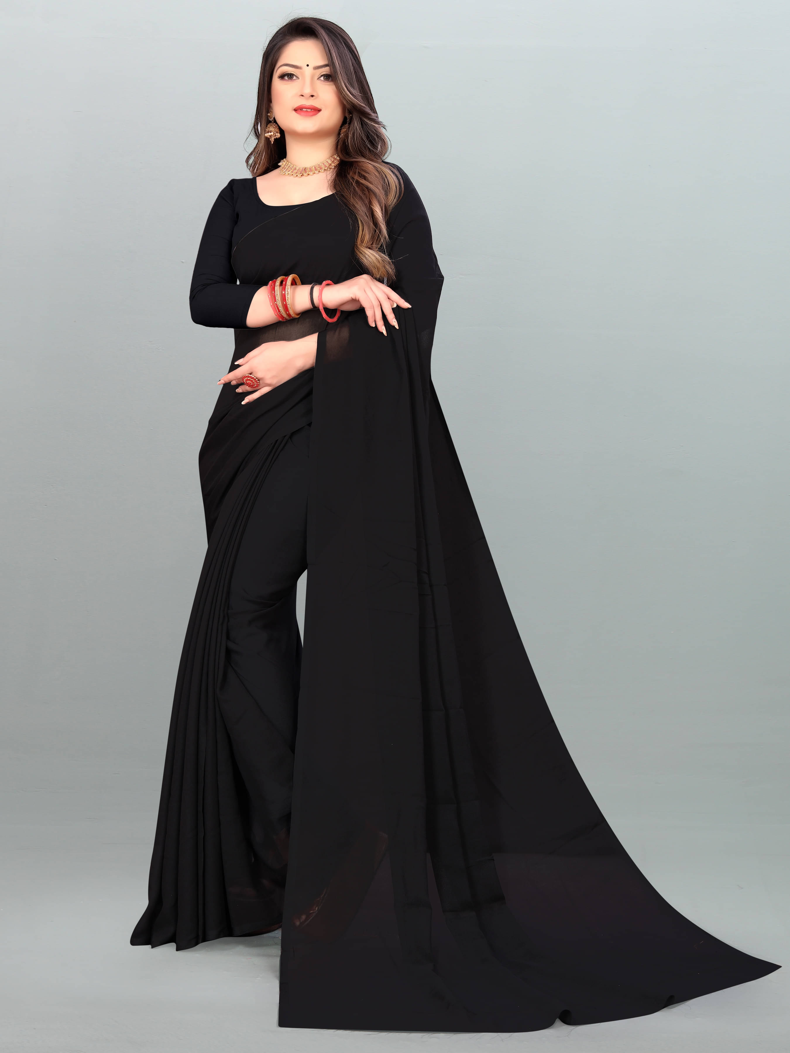     			ANAND SAREES Georgette Solid Saree With Unstitched Blouse Piece ( Black )