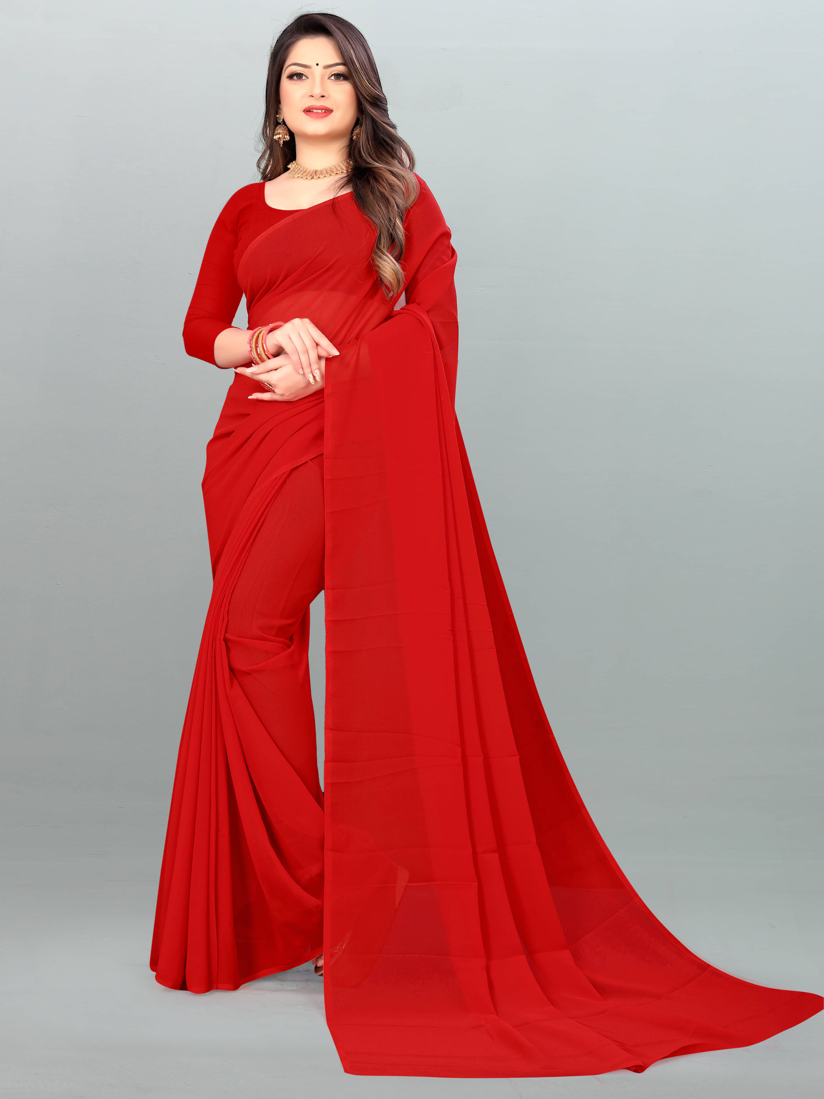     			ANAND SAREES Georgette Solid Saree With Unstitched Blouse Piece ( Red )