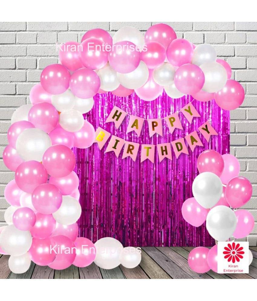     			Kiran Enterprises Happy Birthday Banner ( Pink ) + 2 pc. Fringe Curtain ( Pink ) + 30 Metallic Balloon ( Pink, White )  Birthday Decoration Kit,  Birthday Decoration  items, Birthday Balloon Decoration Combo For Boys, Girls, Kids, Husband and Wife.