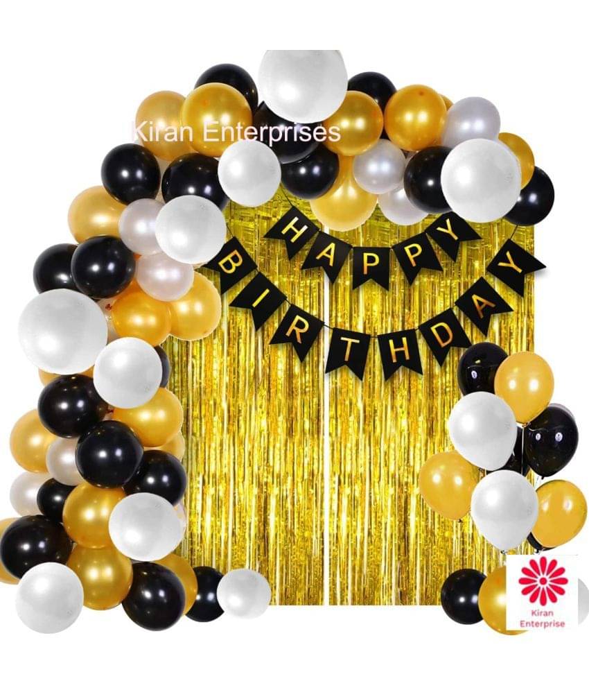     			Kiran Enterprises Happy Birthday Banner ( Black ) + 2 pc. Fringe Curtain ( Gold )+ 30 Metallic Balloon ( Black, Silver, Gold ) Birthday Decoration Kit,  Birthday Decoration  items, Birthday Balloon Decoration Combo For Boys, Girls, Kids, Husband and Wife.